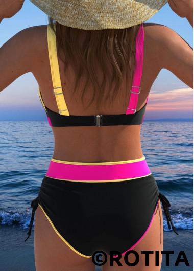 Black swimwear,Multi Color swimwear,Contrast Color swimwear,ROTITA Contrast Binding Black High Waisted Bikini Set