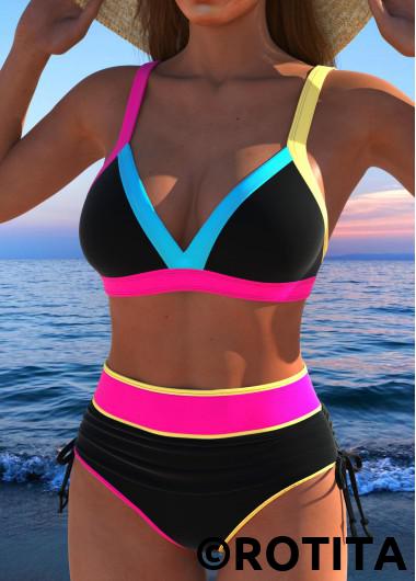 Black swimwear,Multi Color swimwear,Contrast Color swimwear,ROTITA Contrast Binding Black High Waisted Bikini Set
