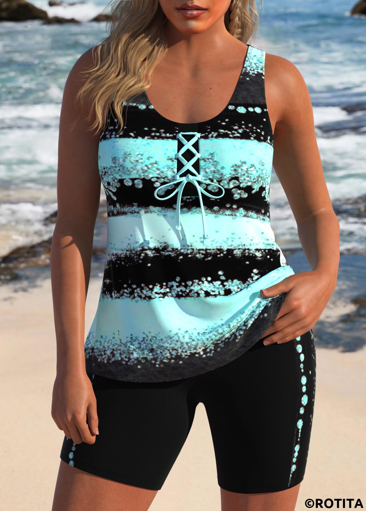 Mint Green swimwear,Black swimwear,Striped swimwear,Geometric swimwear,ROTITA Lace Up Mint Green Striped Tankini Set