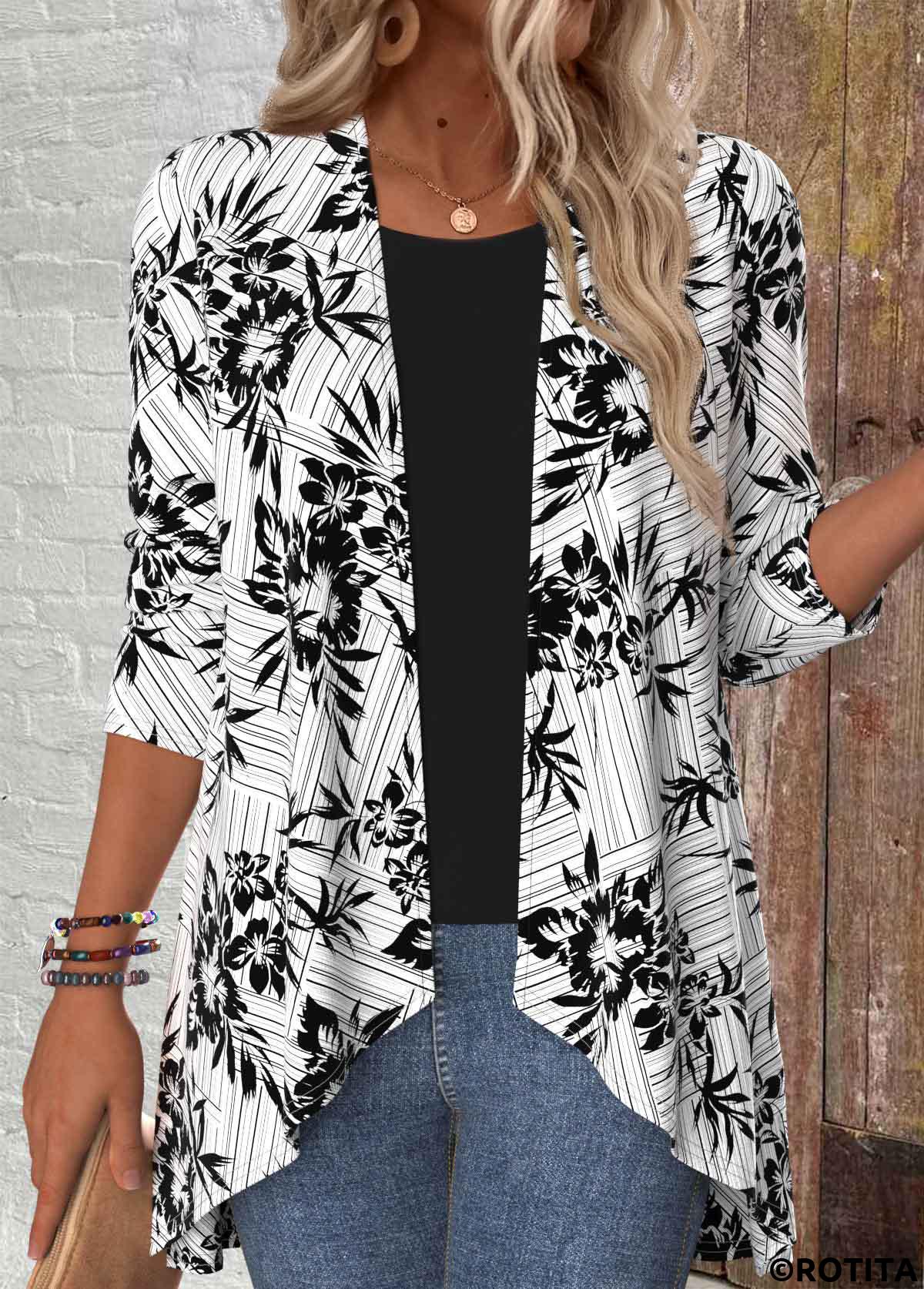 Black tops,Floral tops,Plants tops,Geometric tops,ROTITA Floral Print Black 3/4 Sleeve Light Cardigan