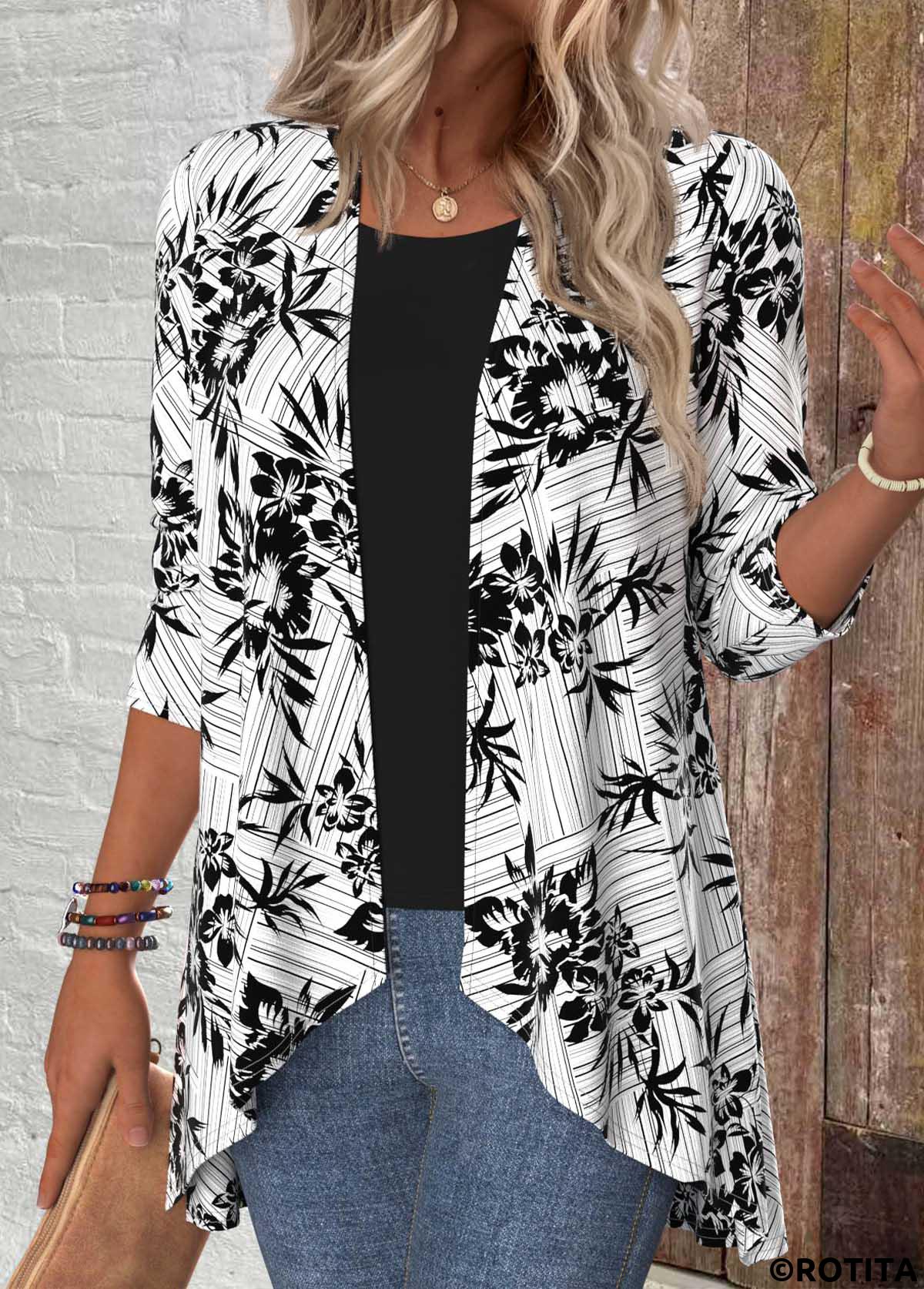 Black tops,Floral tops,Plants tops,Geometric tops,ROTITA Floral Print Black 3/4 Sleeve Light Cardigan