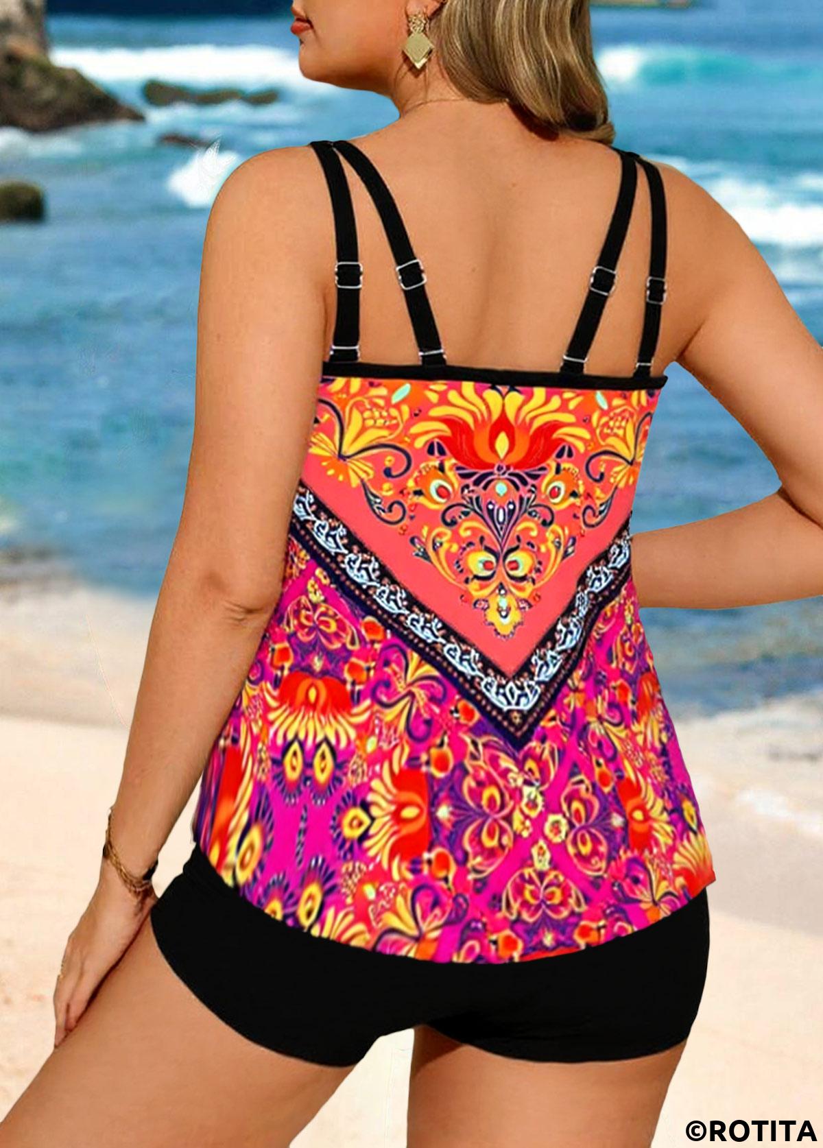 Multi Color plus size,Tribal plus size,ROTITA Plus Size Bowknot Tribal Print Multi Color Tankini Top