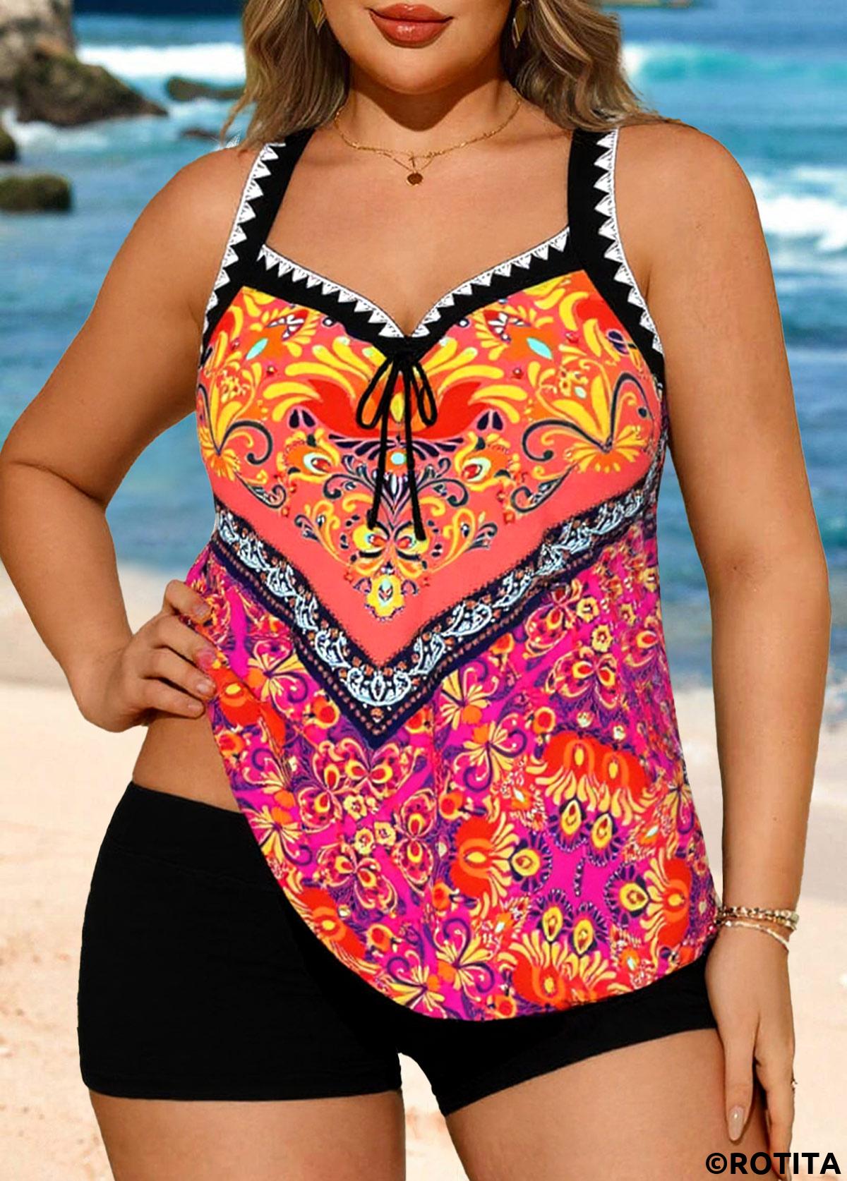 Multi Color plus size,Tribal plus size,ROTITA Plus Size Bowknot Tribal Print Multi Color Tankini Top