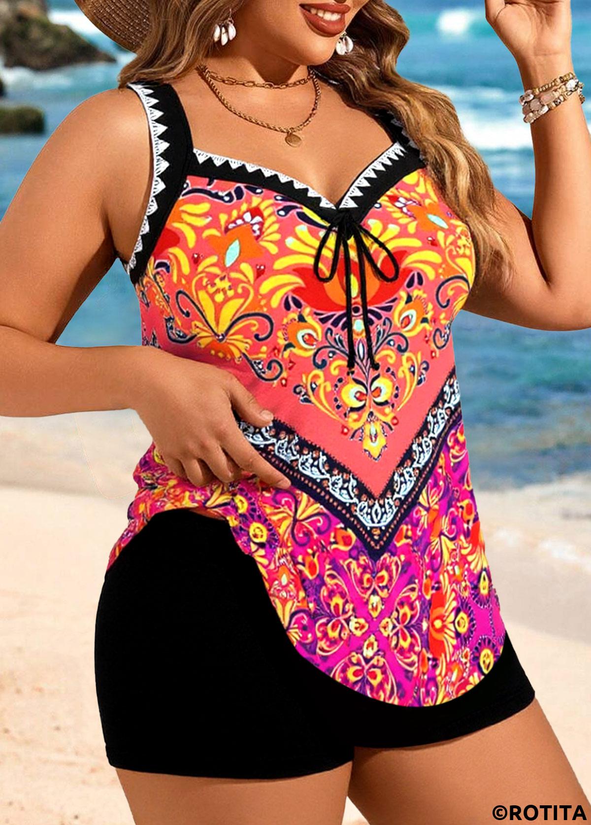 Multi Color plus size,Tribal plus size,ROTITA Plus Size Bowknot Tribal Print Multi Color Tankini Top