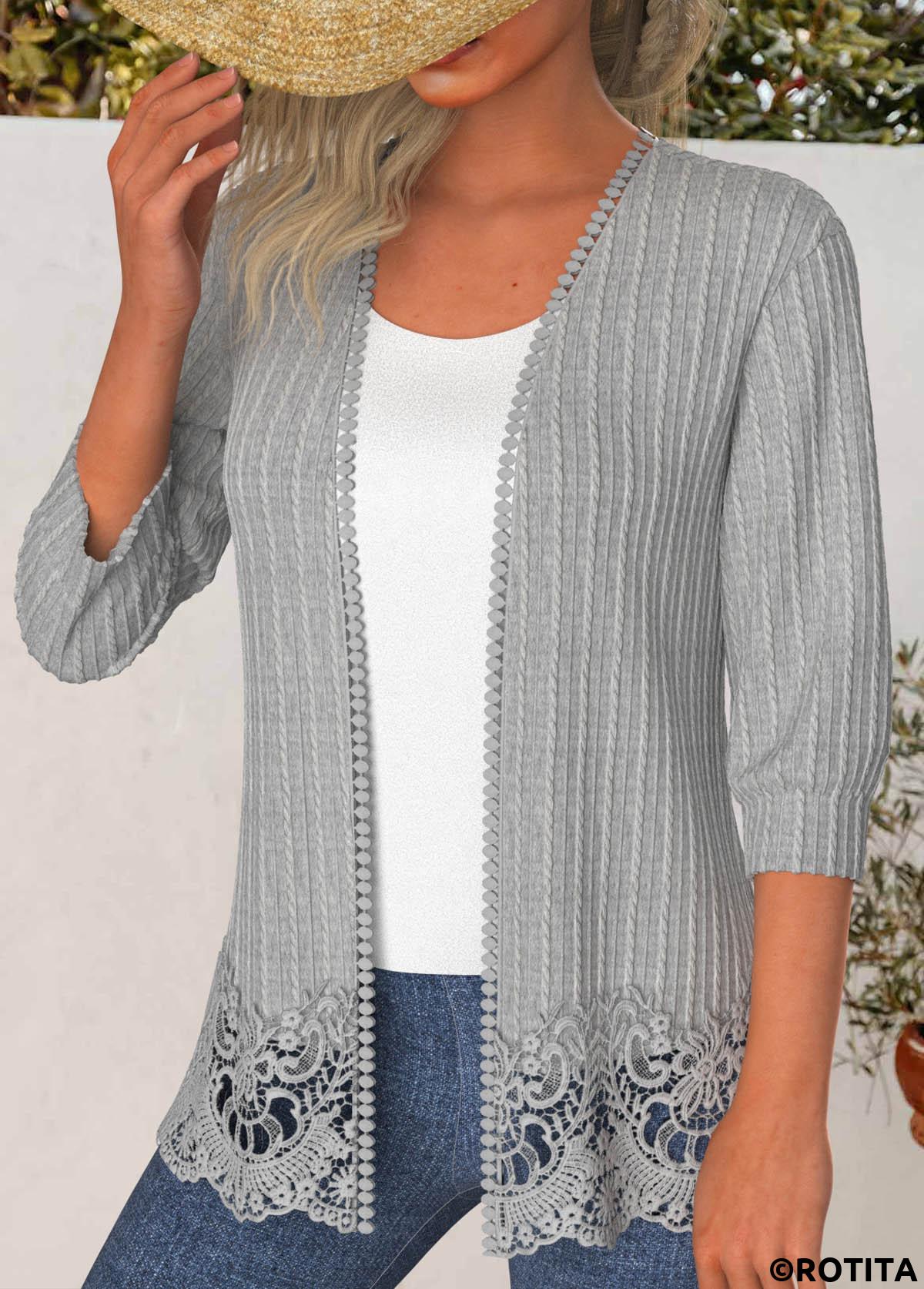 Light Grey Marl tops,Plain Color tops,ROTITA Lace 3/4 Sleeve Light Cardigan