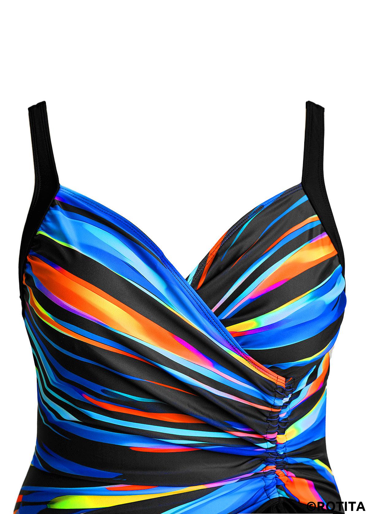 Black swimwear,Dazzle Colorful swimwear,ROTITA Surplice Black Dazzle Colorful Print One Piece Swimwear