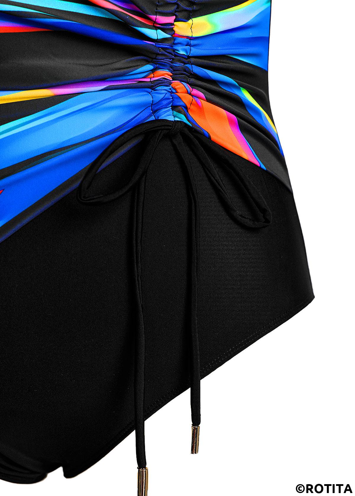 Black swimwear,Dazzle Colorful swimwear,ROTITA Surplice Black Dazzle Colorful Print One Piece Swimwear