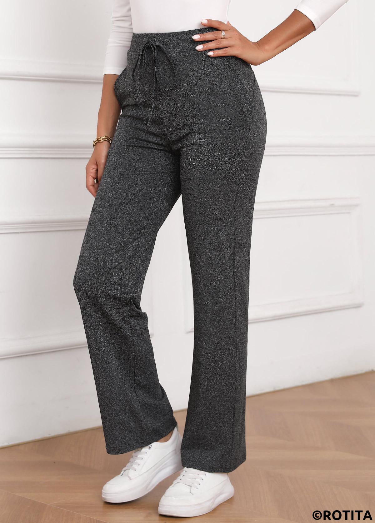 Dark Grey bottoms,Plain Color bottoms,Bowknot Dark Grey Drawastring High Waisted Pants