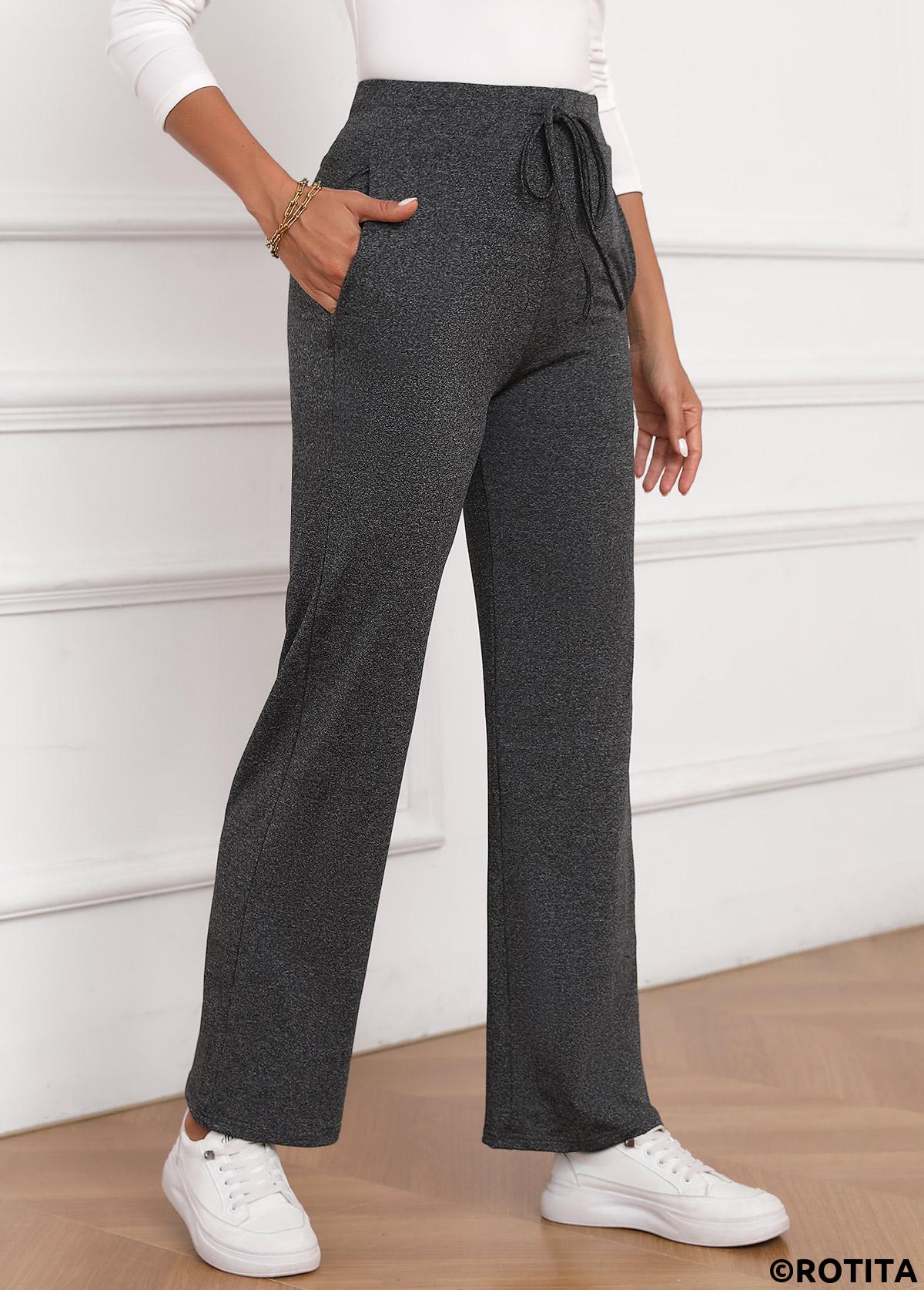 Dark Grey bottoms,Plain Color bottoms,Bowknot Dark Grey Drawastring High Waisted Pants