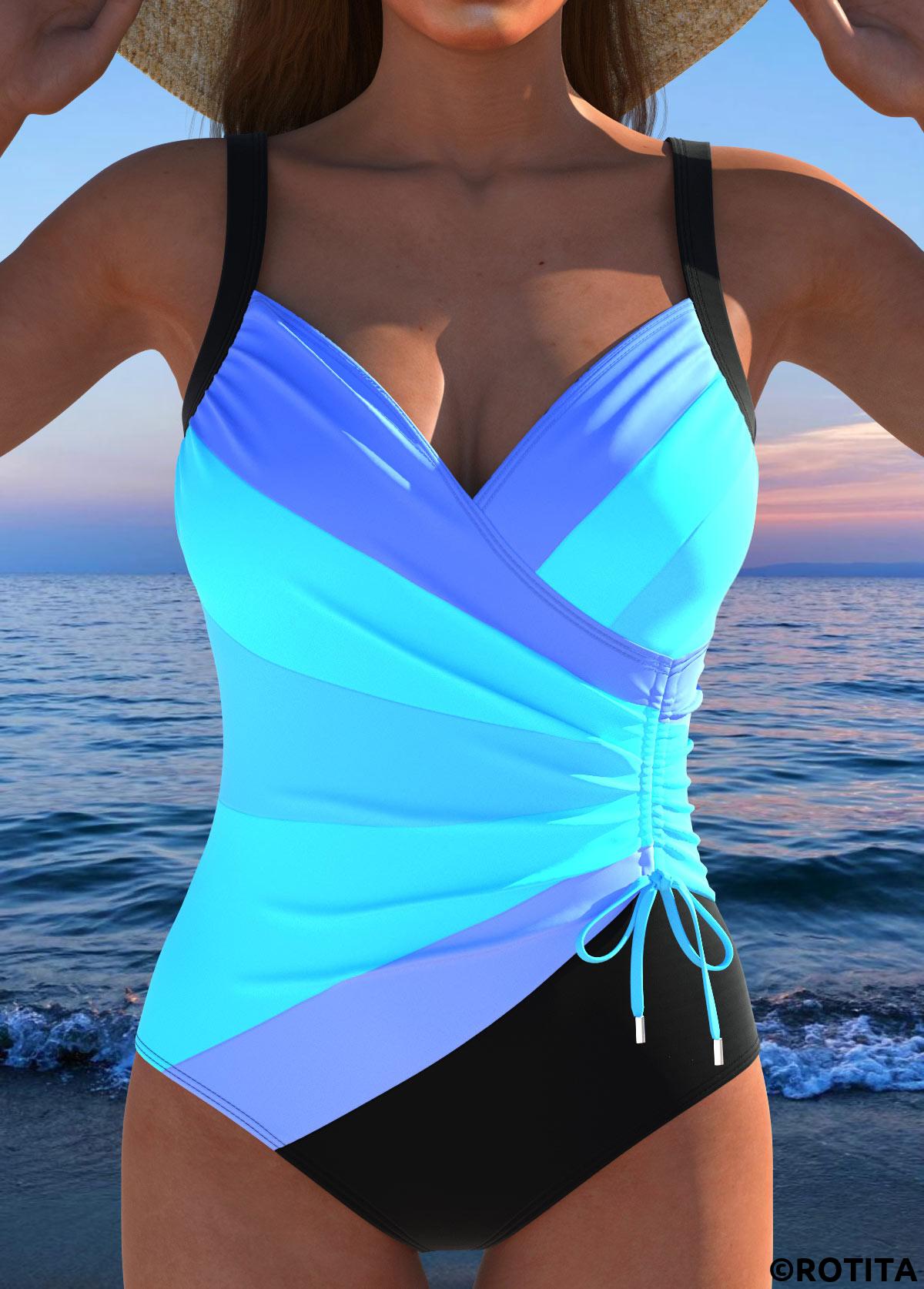Blue swimwear,Striped swimwear,Geometric swimwear,Contrast Color swimwear,ROTITA Drawstring Blue Multi Stripe Print One Piece Swimwear