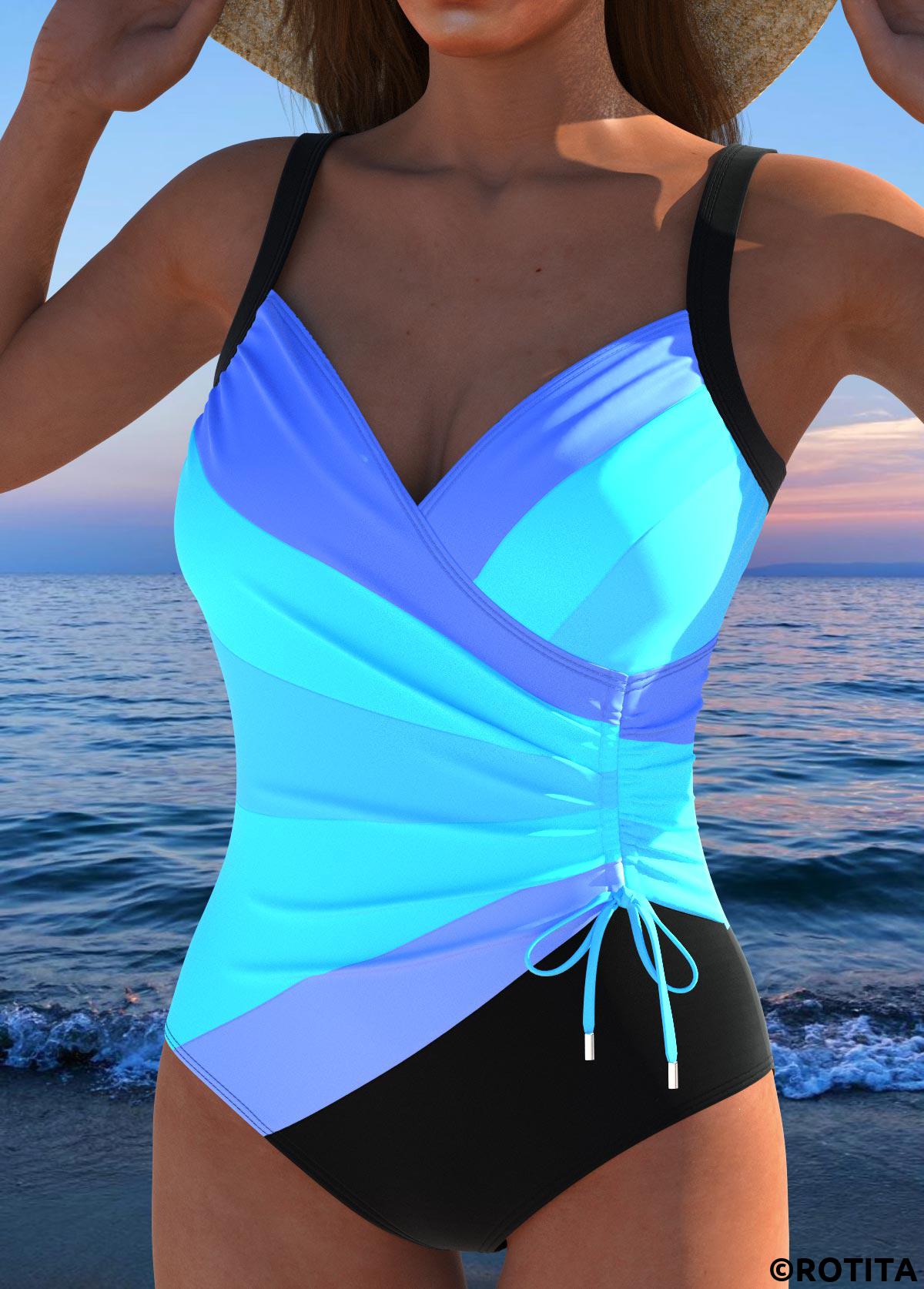 Blue swimwear,Striped swimwear,Geometric swimwear,Contrast Color swimwear,ROTITA Drawstring Blue Multi Stripe Print One Piece Swimwear
