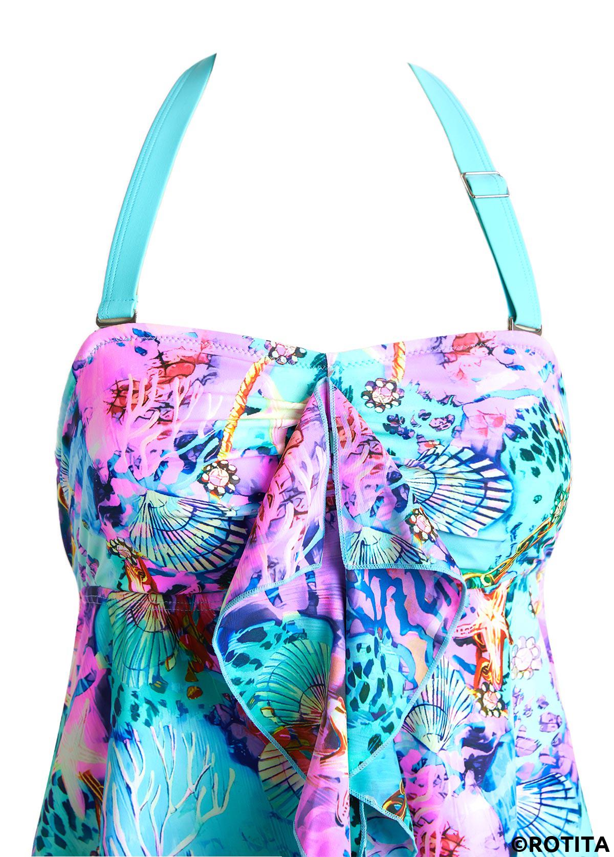 Multi Color swimwear,Animal Print swimwear,ROTITA Ruffle Multi Color Marine Life Print Tankini Set