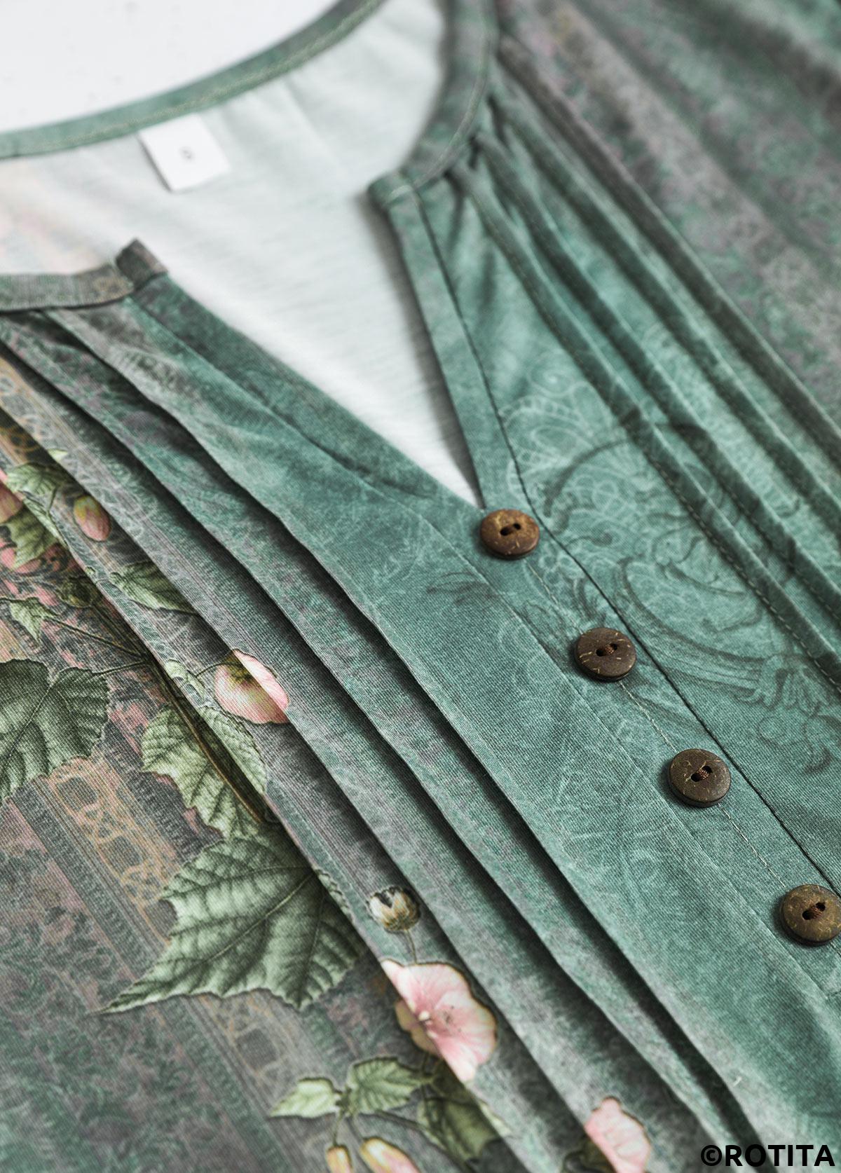 Sage Green tops,Plants tops,ROTITA Tuck Stitch Random Floral Print Sage Green T Shirt