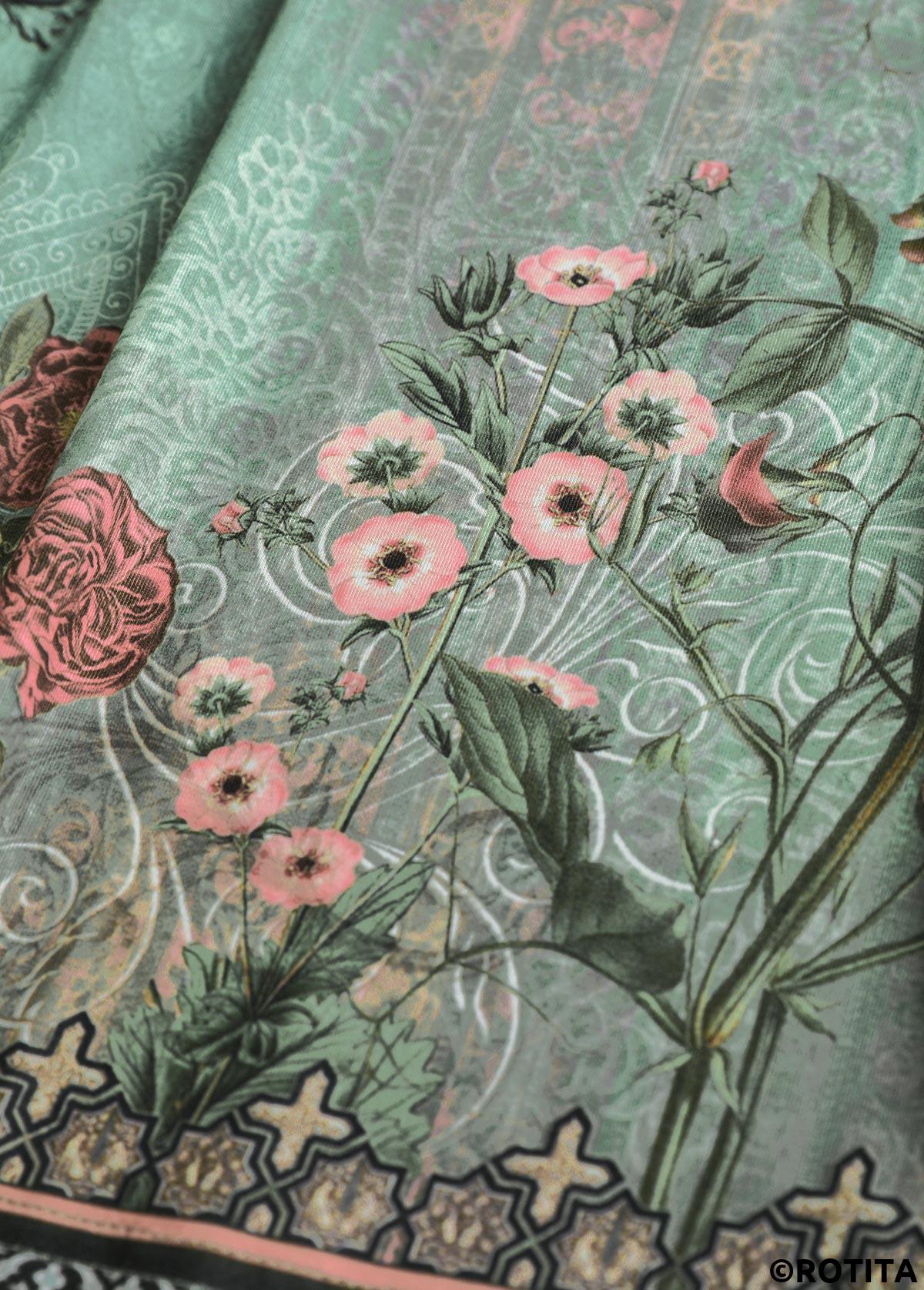 Sage Green tops,Plants tops,ROTITA Tuck Stitch Random Floral Print Sage Green T Shirt
