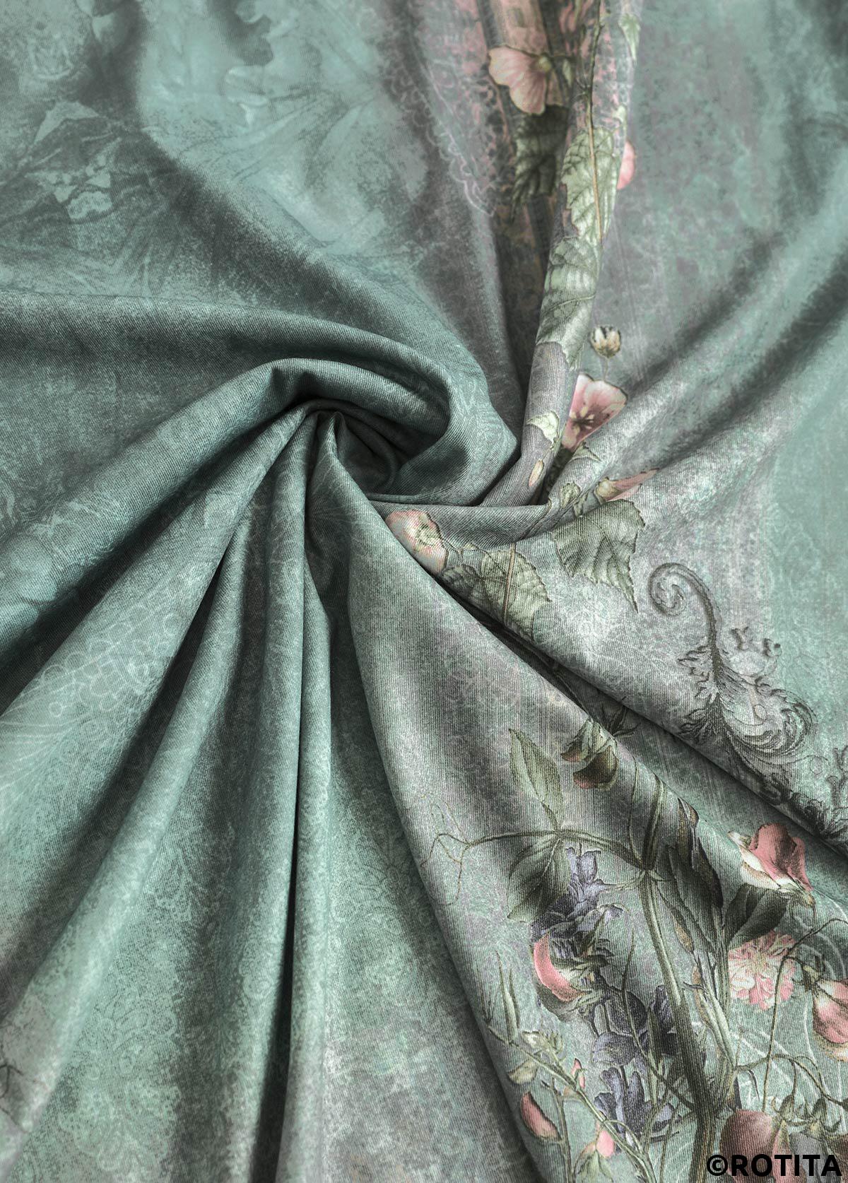 Sage Green tops,Plants tops,ROTITA Tuck Stitch Random Floral Print Sage Green T Shirt