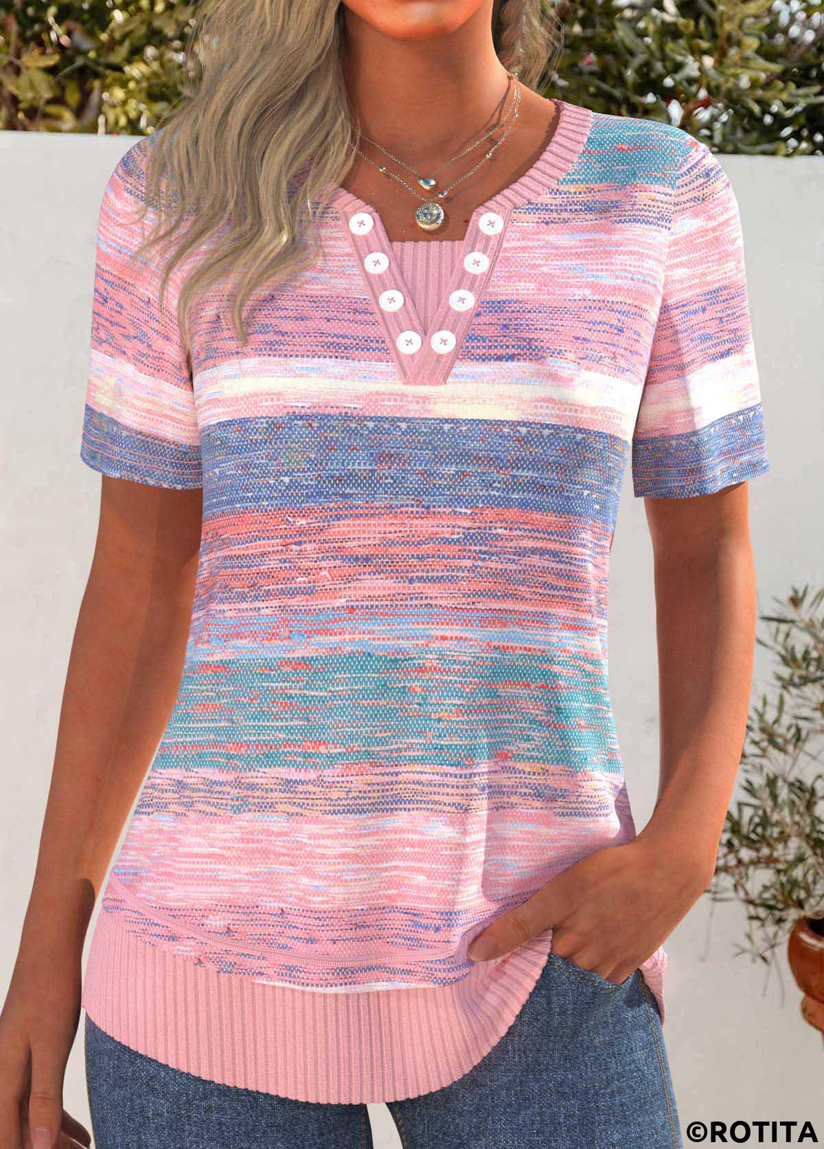 Pink tops,Striped tops,Geometric tops,ROTITA Patchwork Striped Pink Split Neck Short Sleeve T Shirt
