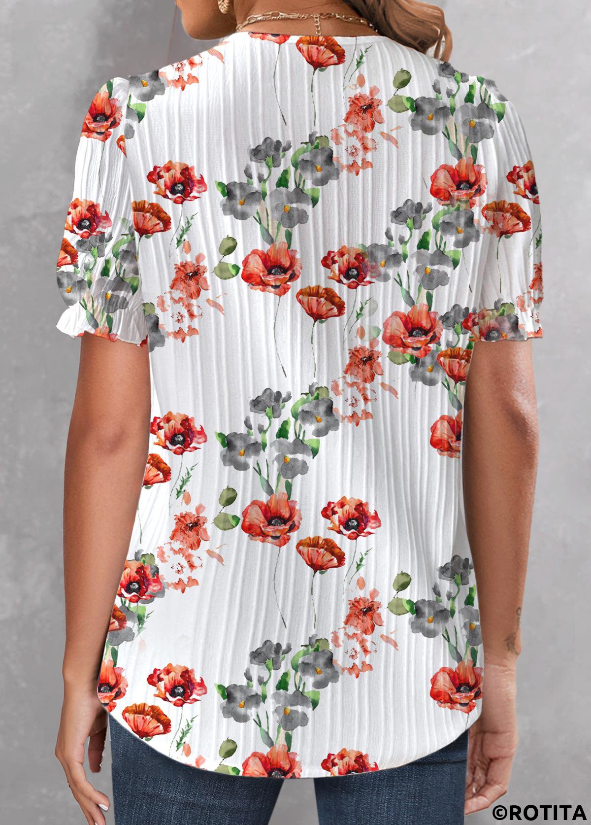 White tops,Floral tops,Plants tops,ROTITA Patchwork Floral Print White V Neck T Shirt