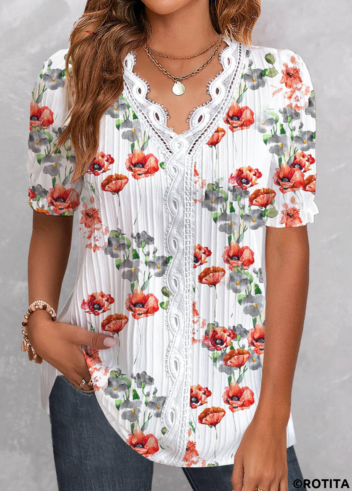 White tops,Floral tops,Plants tops,ROTITA Patchwork Floral Print White V Neck T Shirt