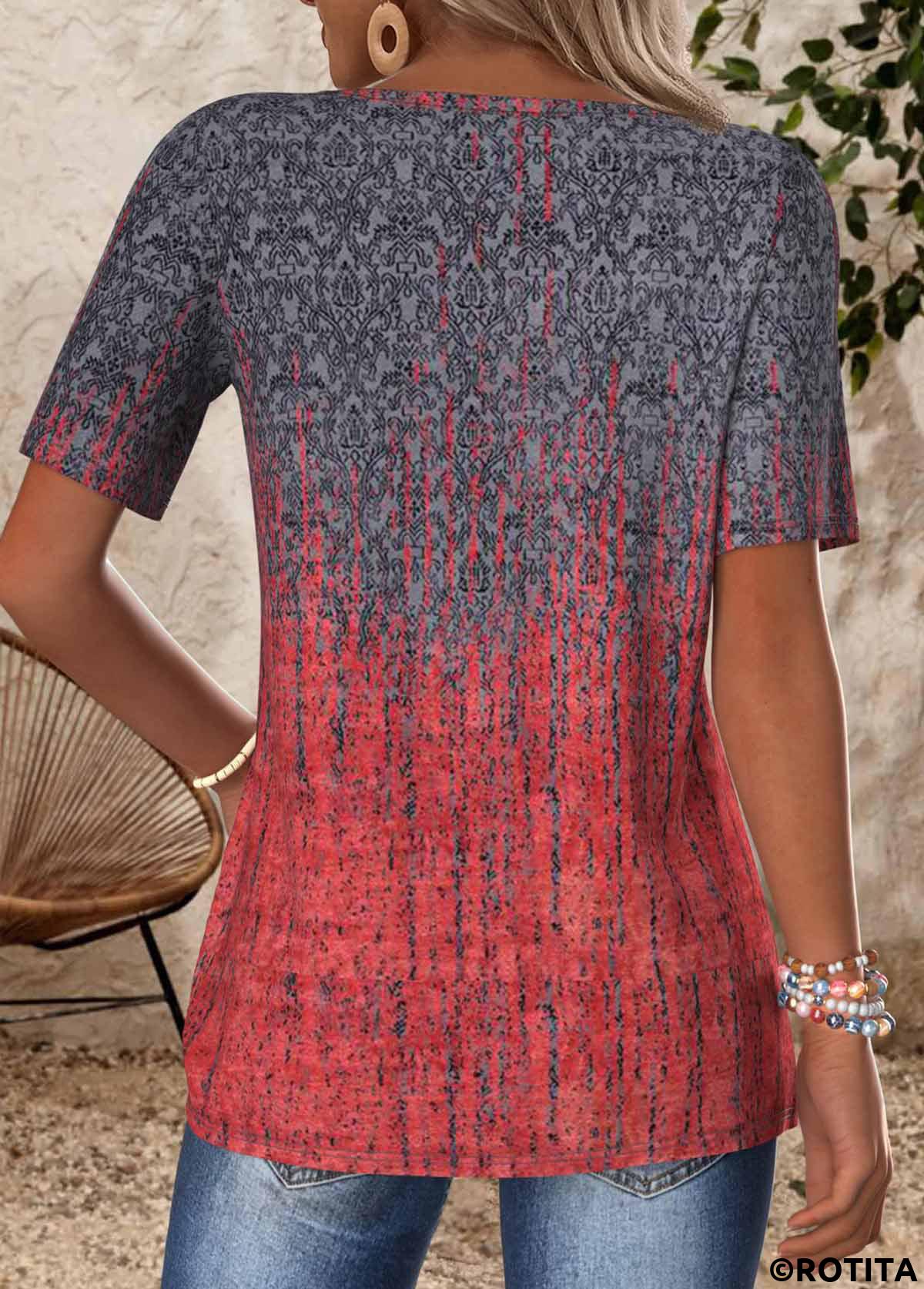 Deep Red tops,Ombre tops,ROTITA Tuck Stitch Ombre Deep Red Split Neck T Shirt