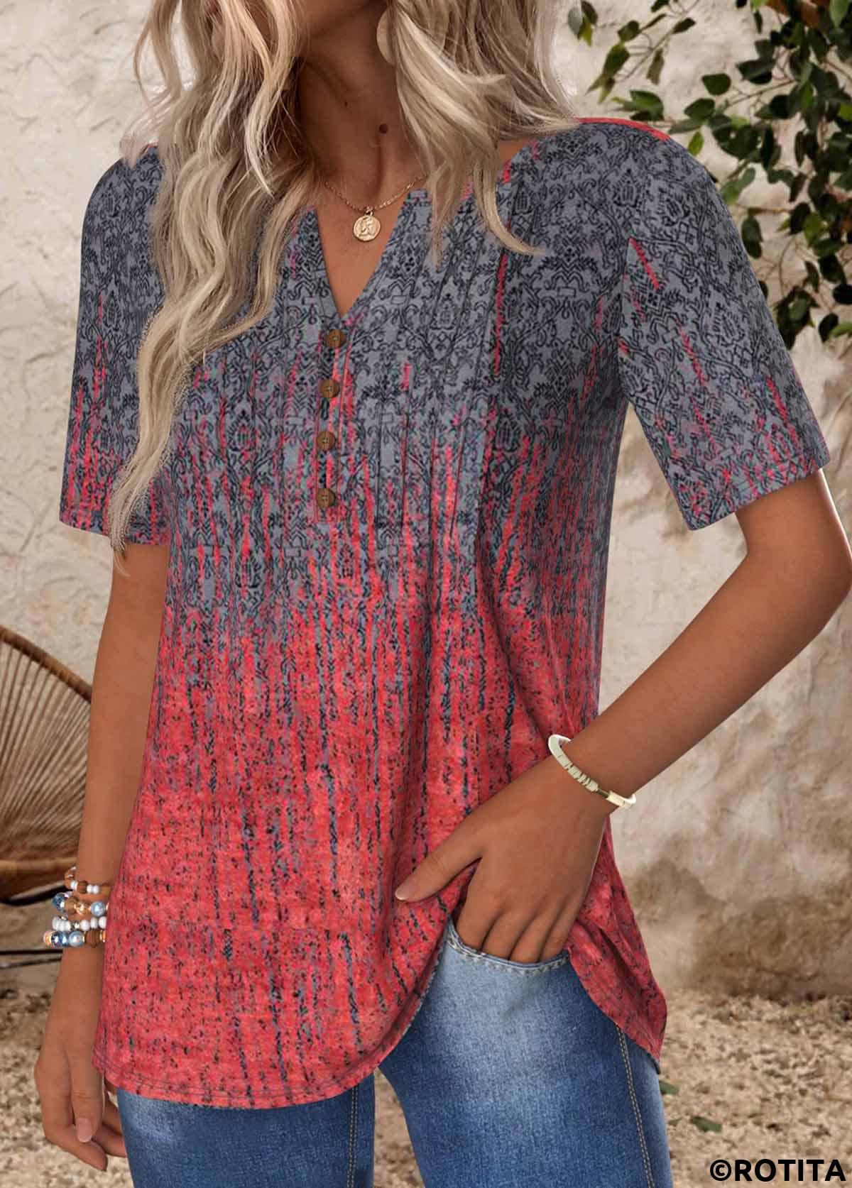 Deep Red tops,Ombre tops,ROTITA Tuck Stitch Ombre Deep Red Split Neck T Shirt