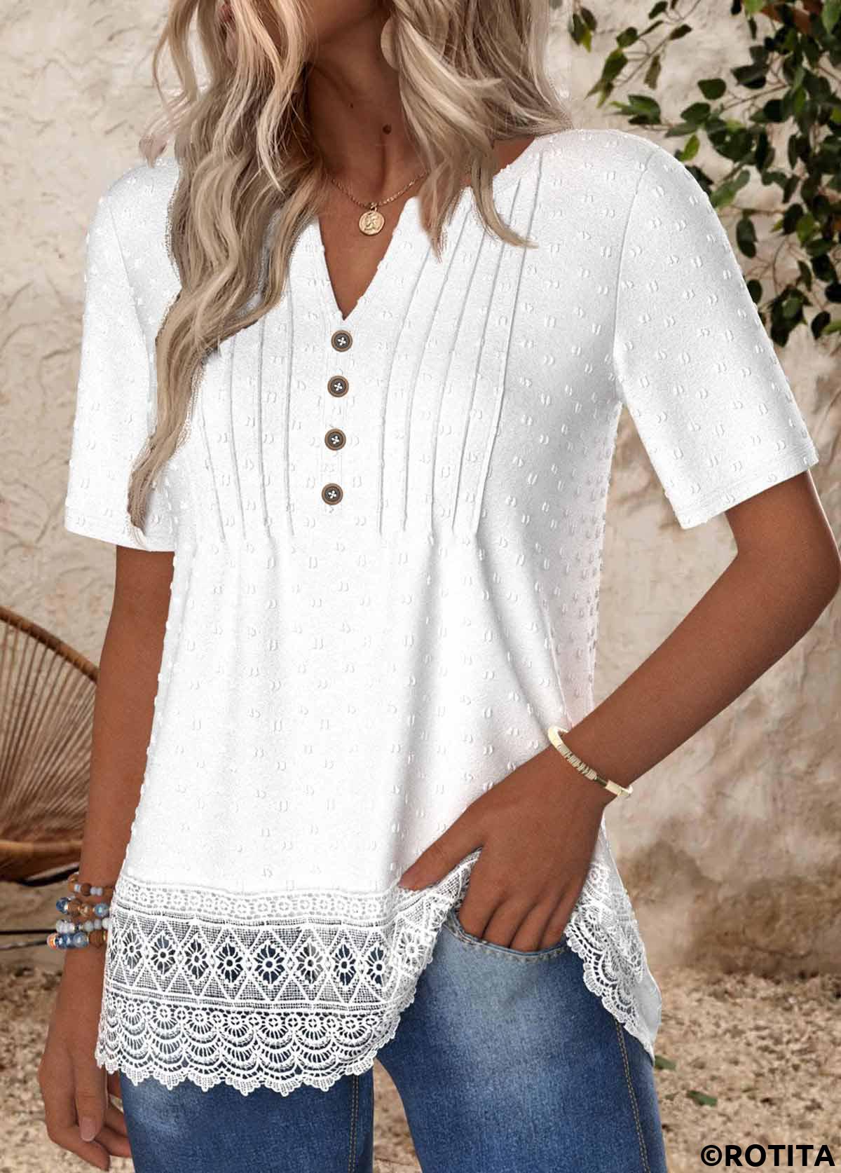 White tops,Plain Color tops,ROTITA Embroidery White Split Neck Short Sleeve T Shirt