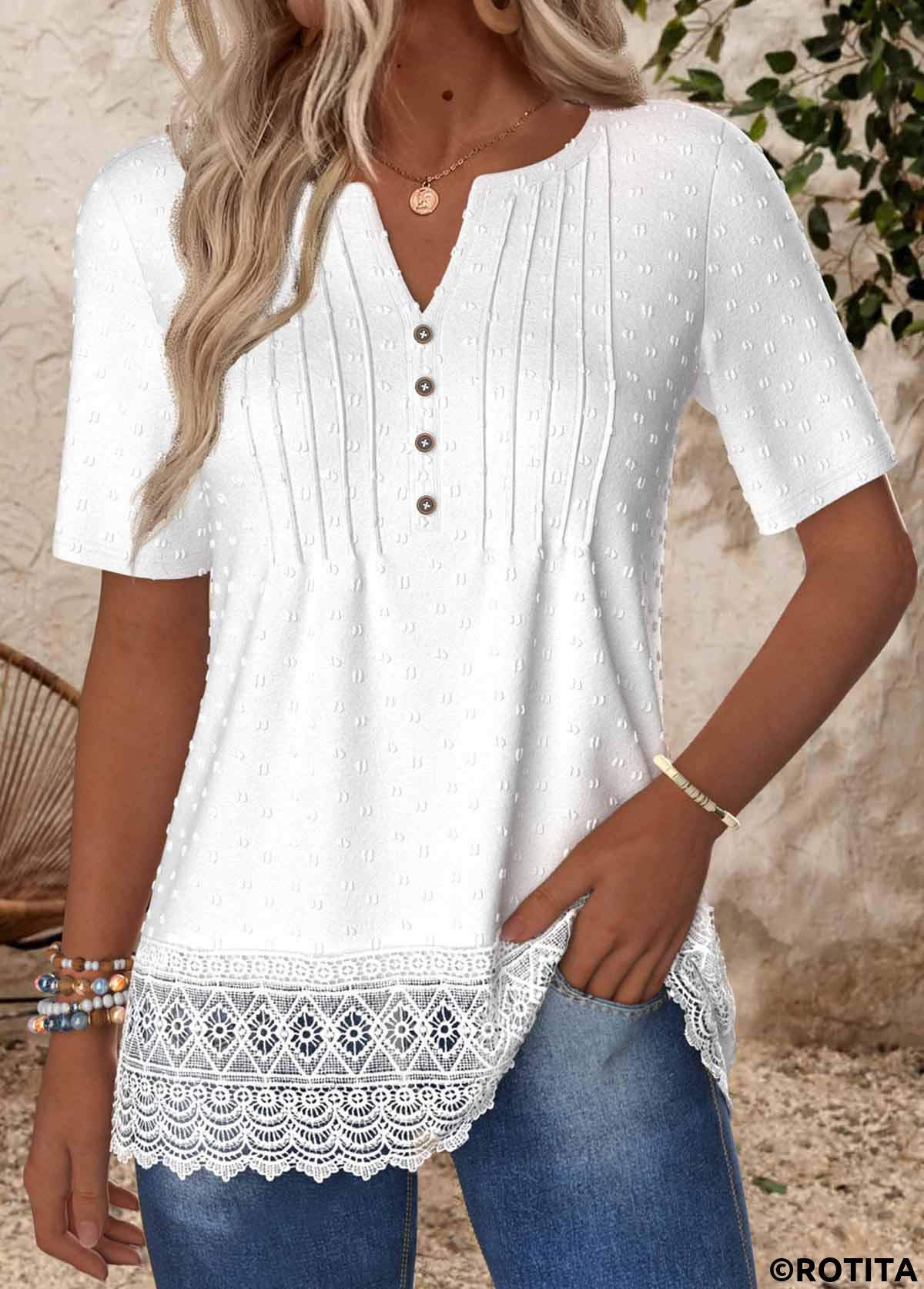 White tops,Plain Color tops,ROTITA Embroidery White Split Neck Short Sleeve T Shirt