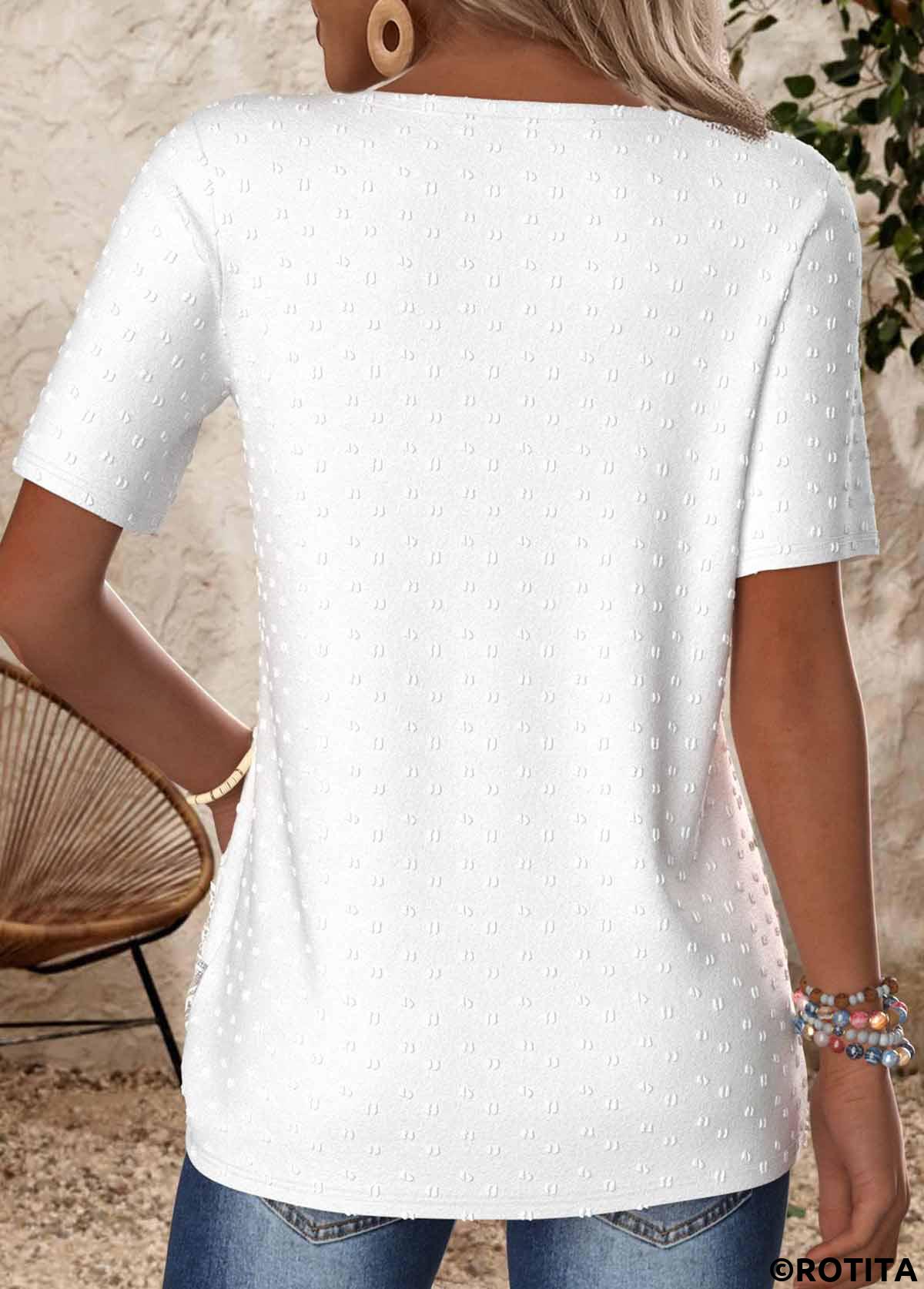 White tops,Plain Color tops,ROTITA Embroidery White Split Neck Short Sleeve T Shirt