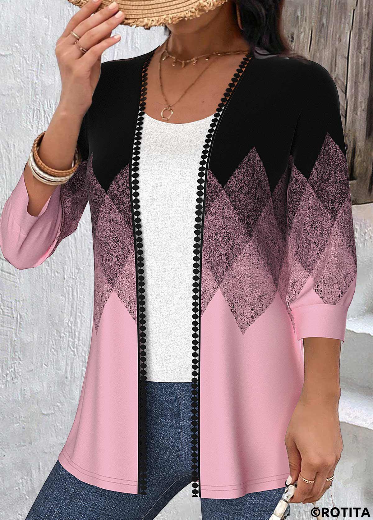 Black tops,Pink tops,Geometric tops,Ombre tops,ROTITA Embroidery Geometric Print Black Light Cardigan