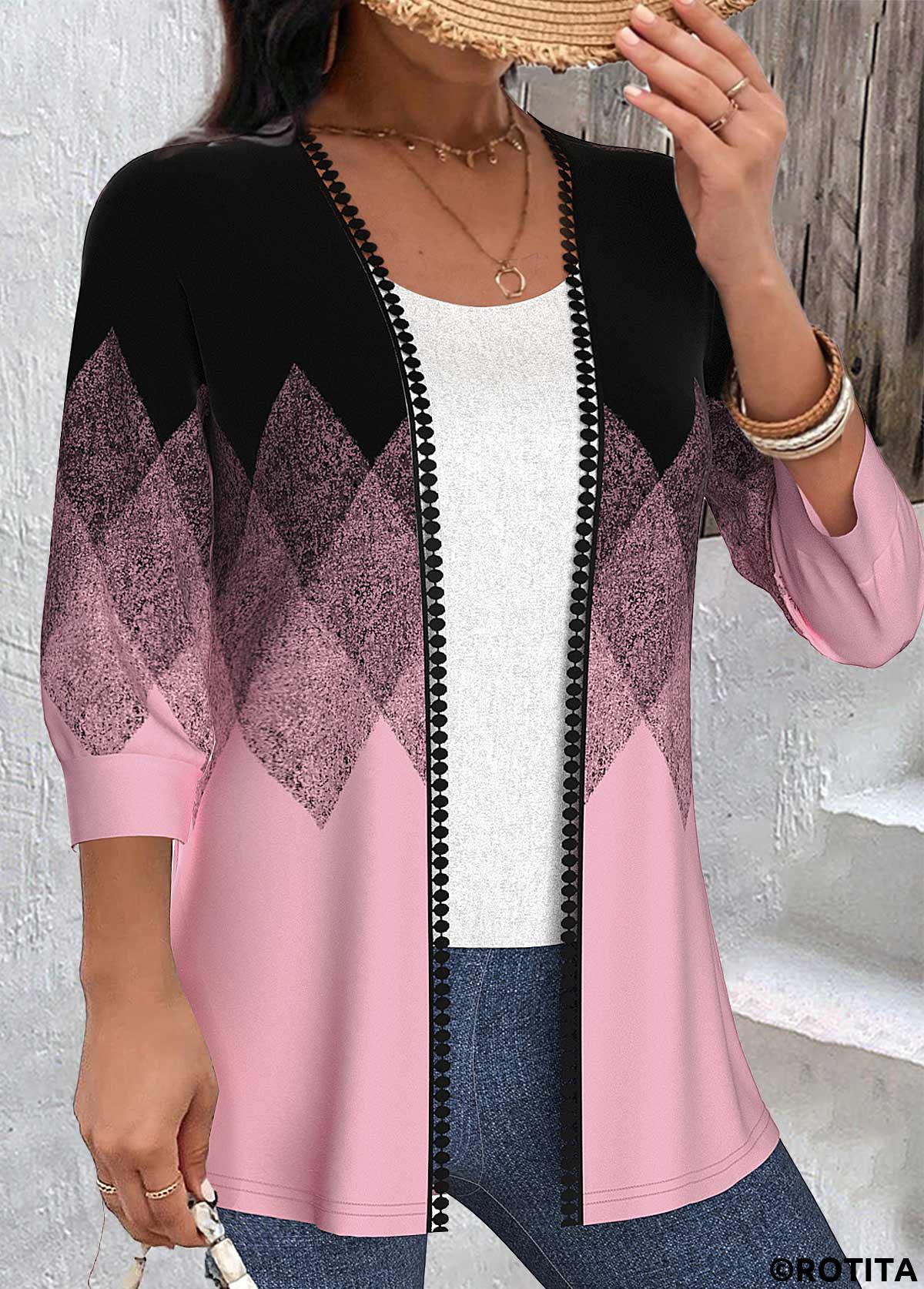 Black tops,Pink tops,Geometric tops,Ombre tops,ROTITA Embroidery Geometric Print Black Light Cardigan