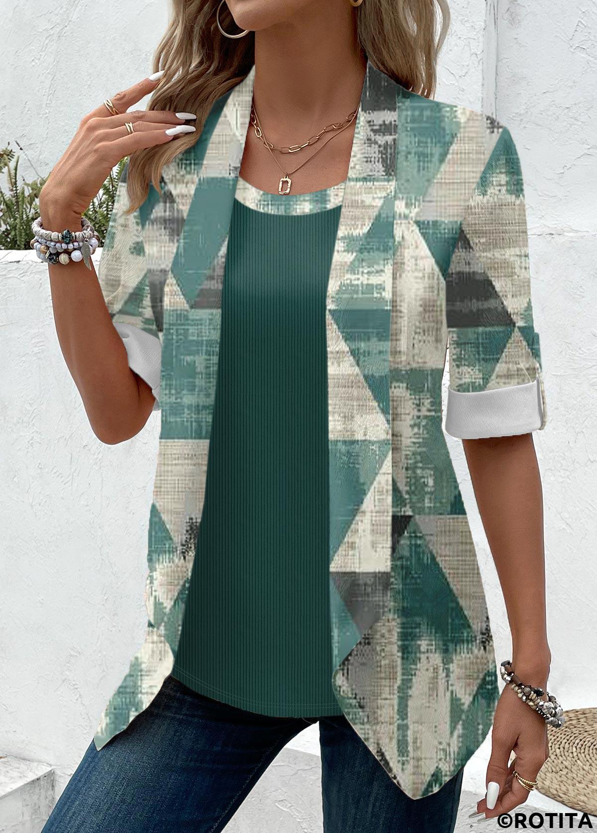 Sage Green tops,Geometric tops,ROTITA Geometric Print Sage Green Fake Two Piece Twinset
