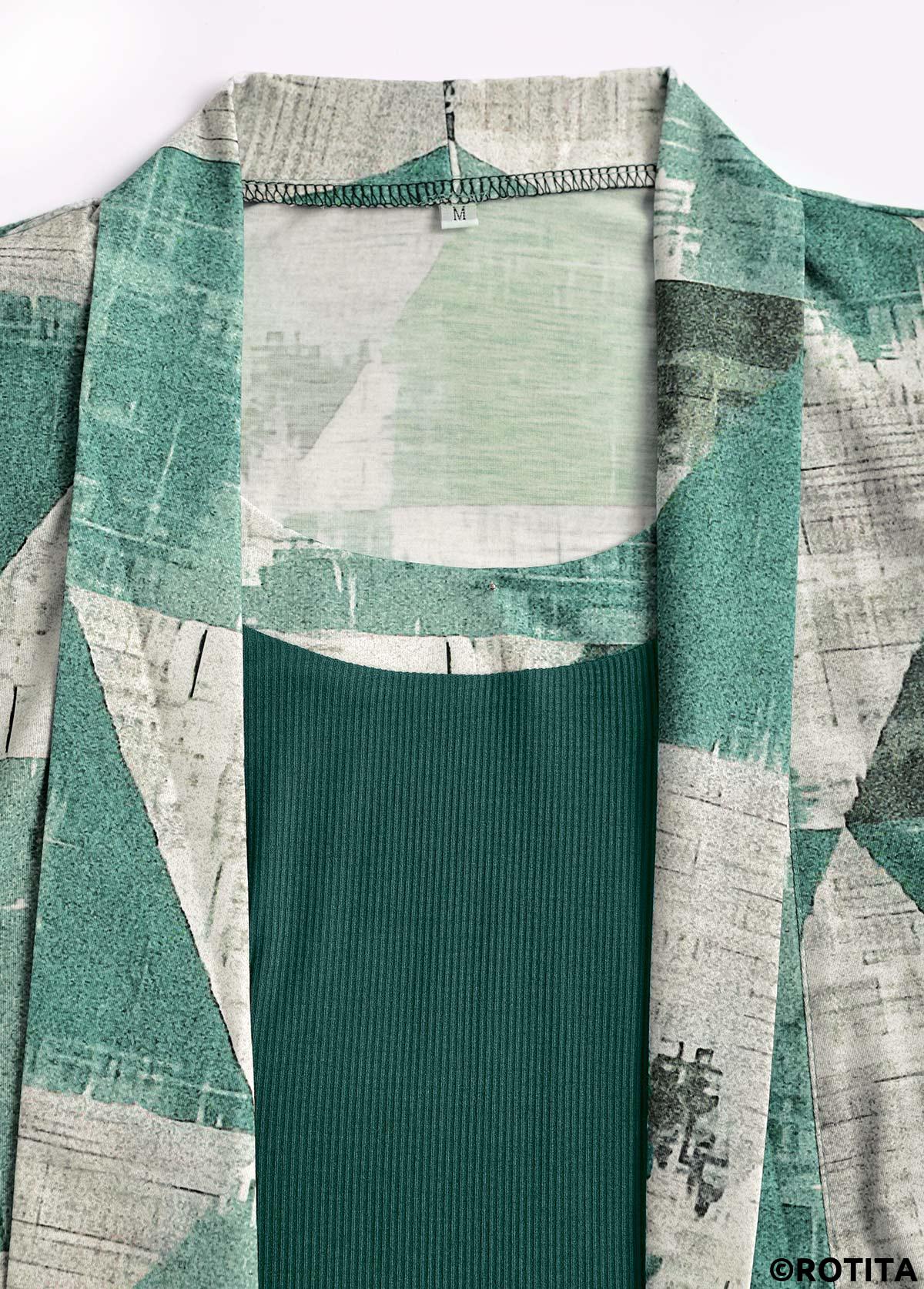 Sage Green tops,Geometric tops,ROTITA Geometric Print Sage Green Fake Two Piece Twinset
