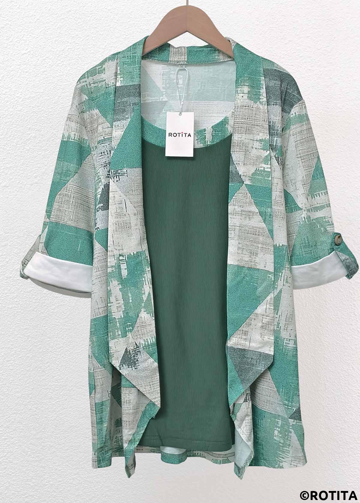 Sage Green tops,Geometric tops,ROTITA Geometric Print Sage Green Fake Two Piece Twinset