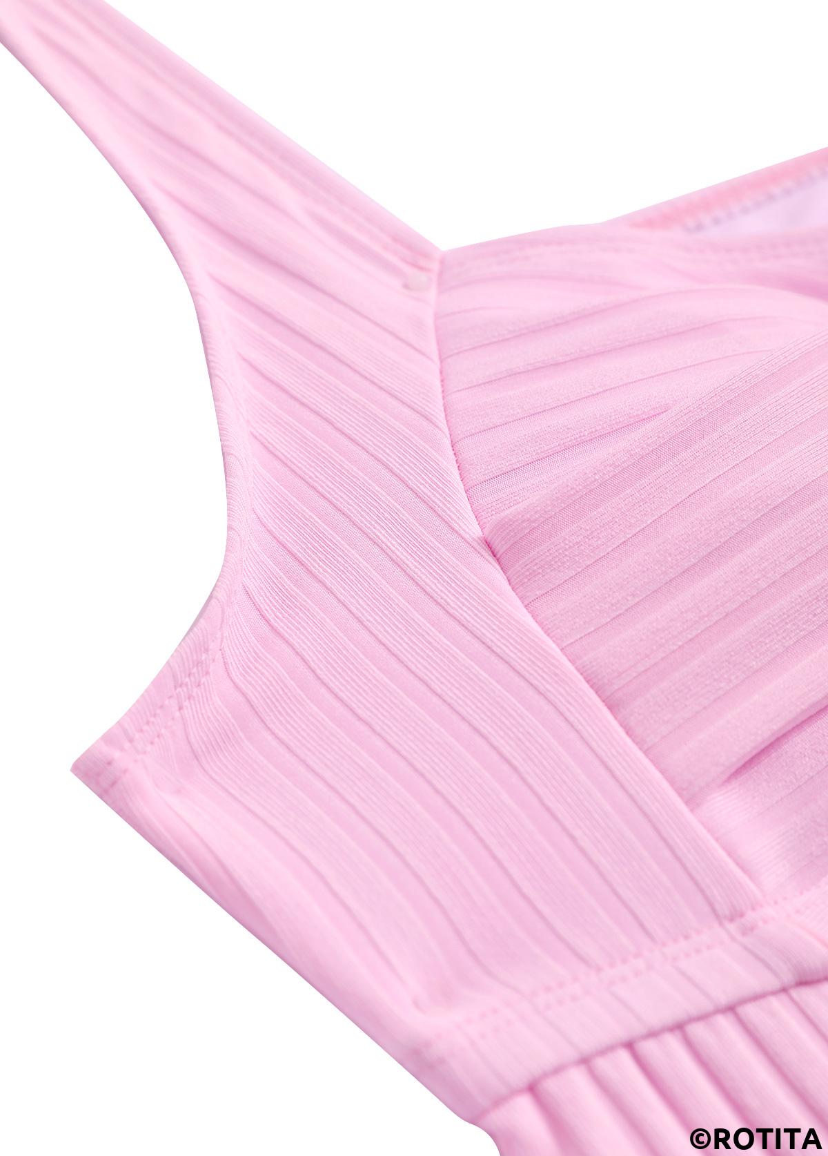 Light Pink swimwear,Tribal swimwear,ROTITA Light Pink Surplice Feathers Print Mid Waisted Tankini Set