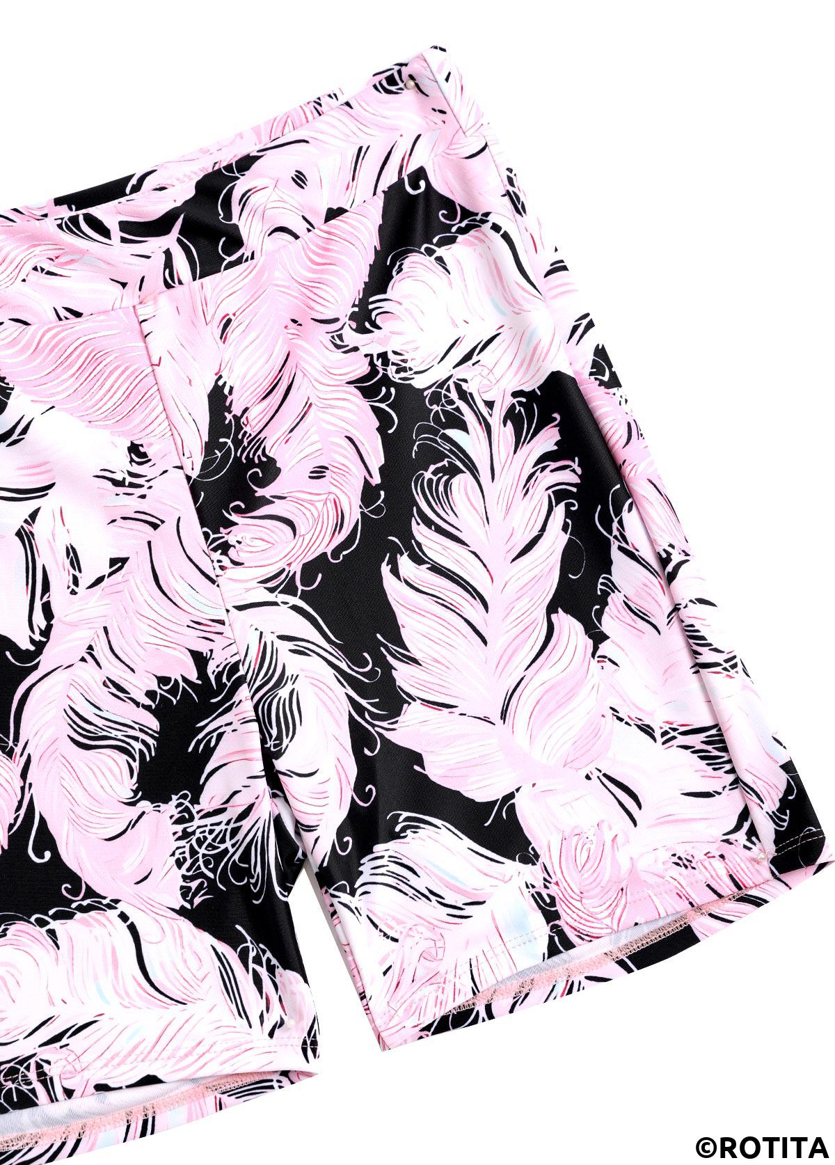 Light Pink swimwear,Tribal swimwear,ROTITA Light Pink Surplice Feathers Print Mid Waisted Tankini Set