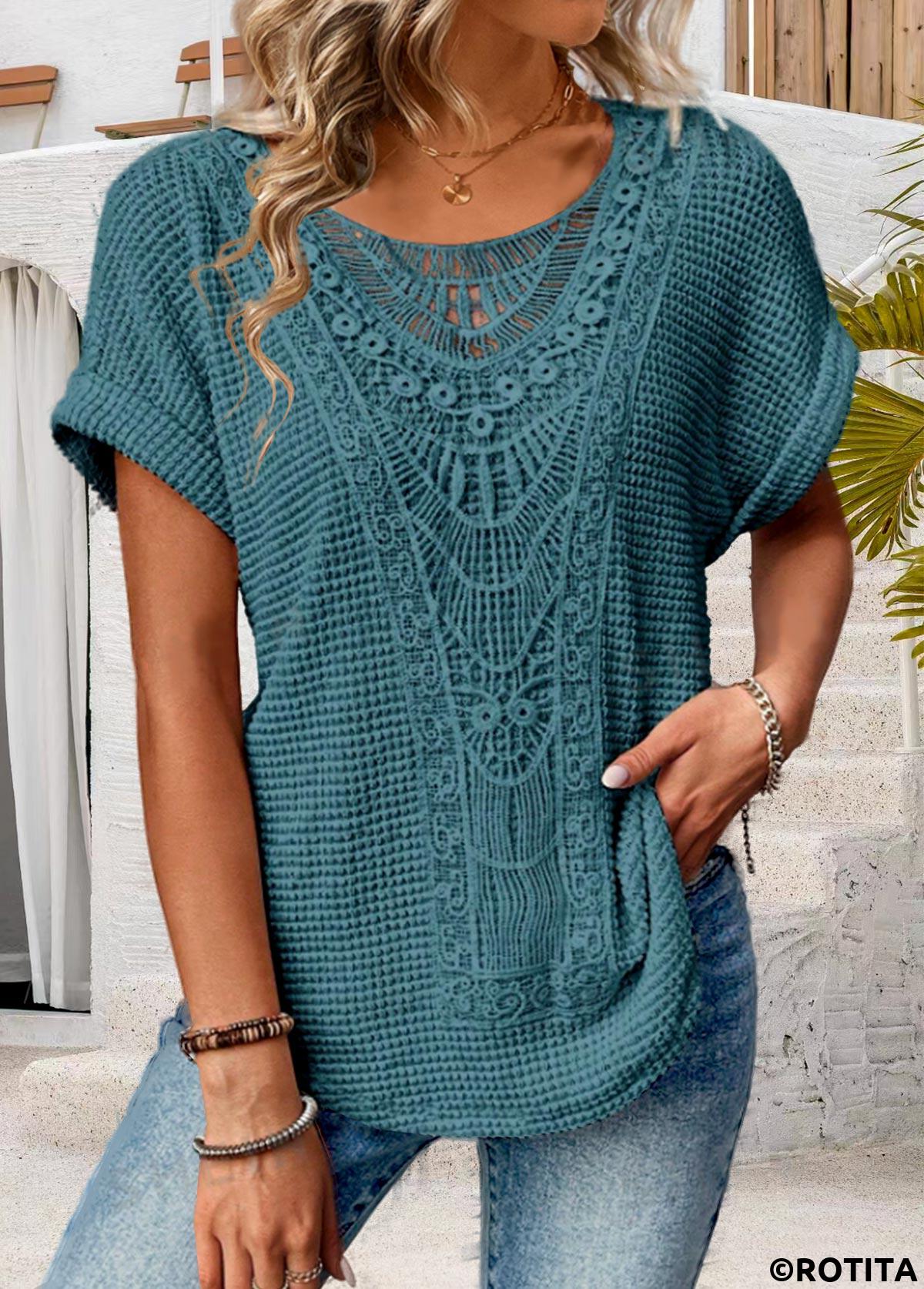 Blue tops,Plain Color tops,ROTITA Patchwork Blue Round Neck Short Sleeve T Shirt