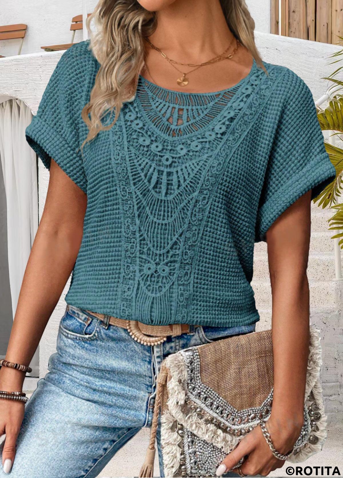 Blue tops,Plain Color tops,ROTITA Patchwork Blue Round Neck Short Sleeve T Shirt