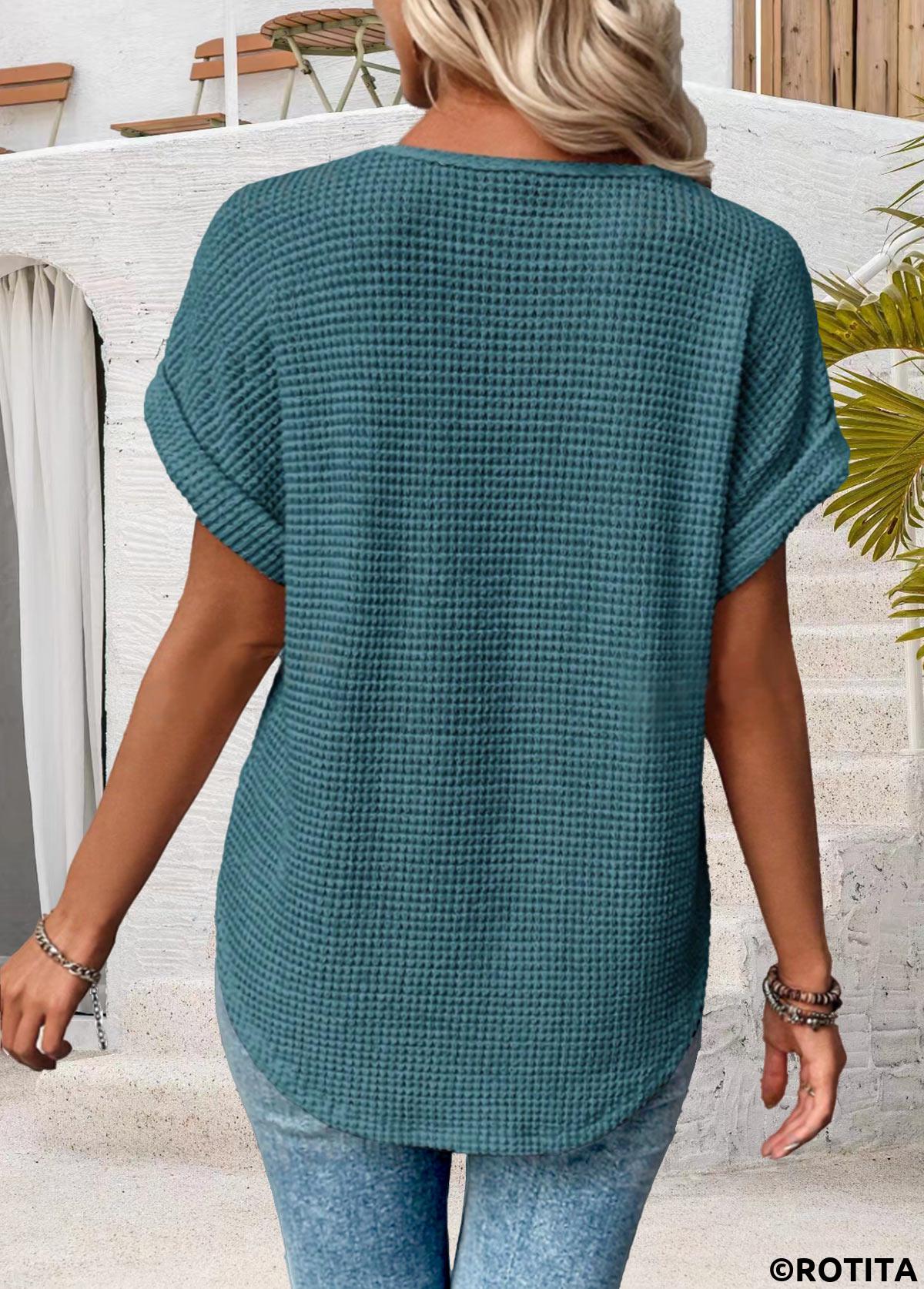 Blue tops,Plain Color tops,ROTITA Patchwork Blue Round Neck Short Sleeve T Shirt