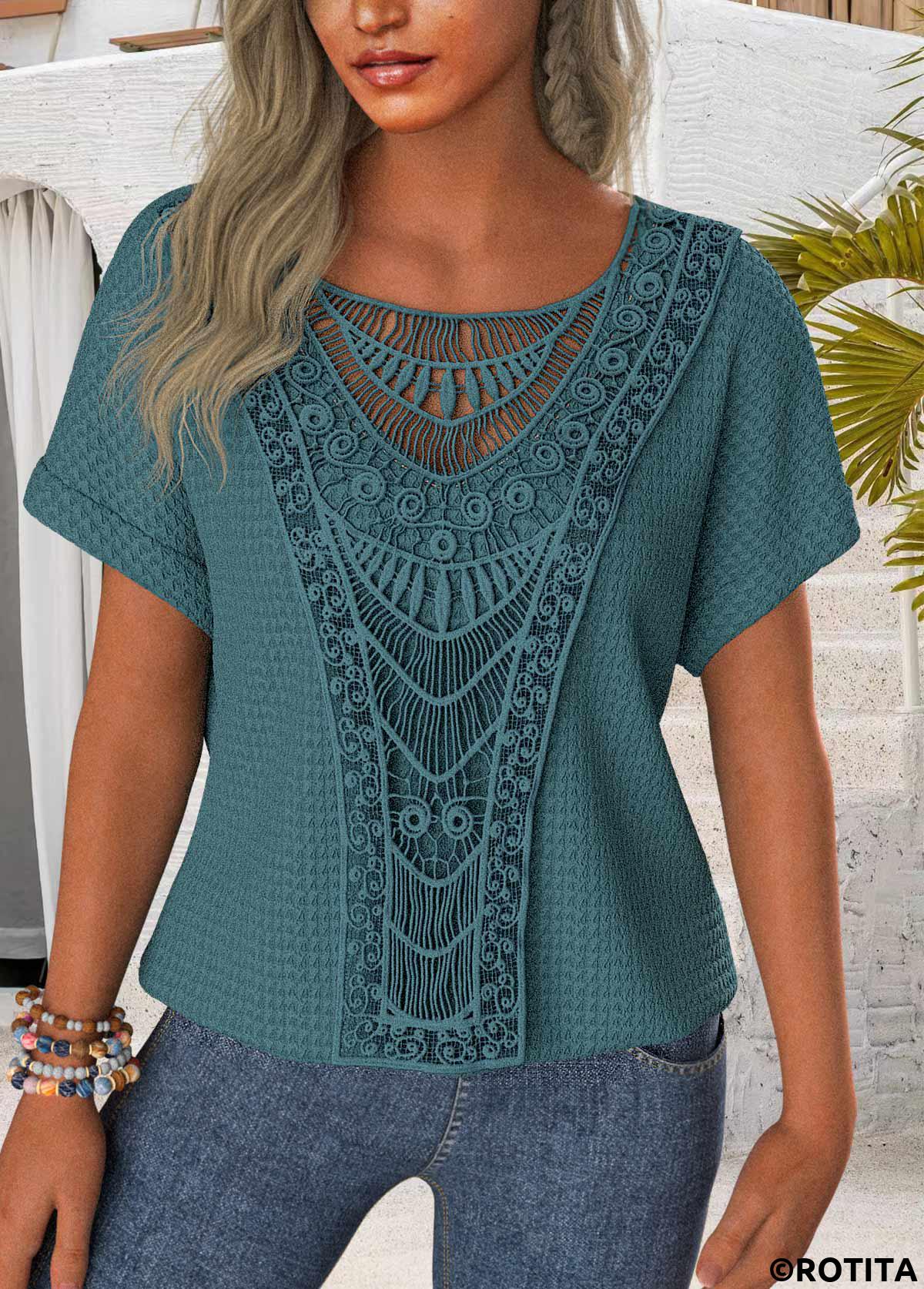 Blue tops,Plain Color tops,ROTITA Patchwork Blue Round Neck Short Sleeve T Shirt