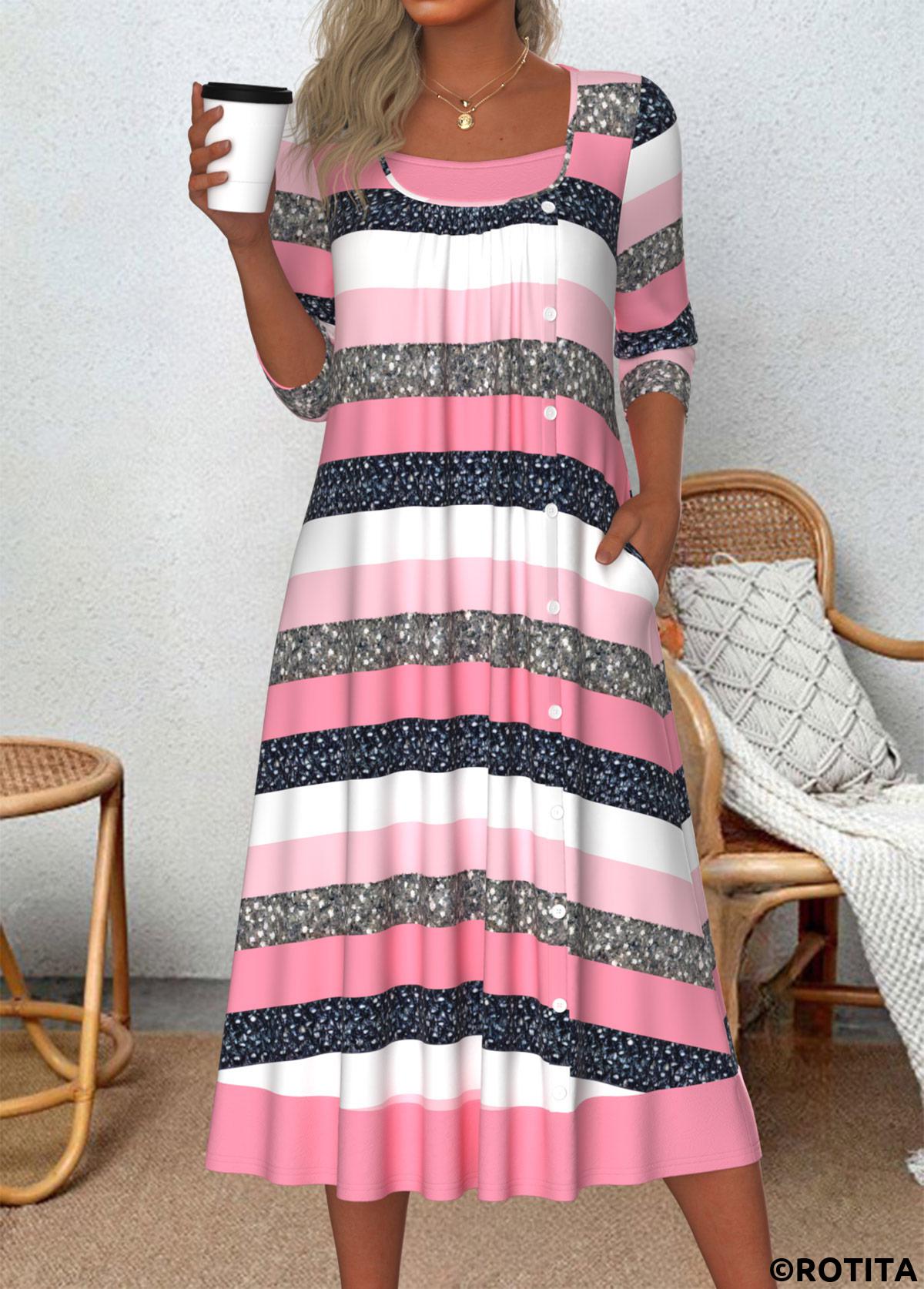 Pink dresses,White dresses,Striped dresses,Geometric dresses,Everyday dresses,Casual dresses,ROTITA Patchwork Striped Pink A Line Scoop Neck Dress