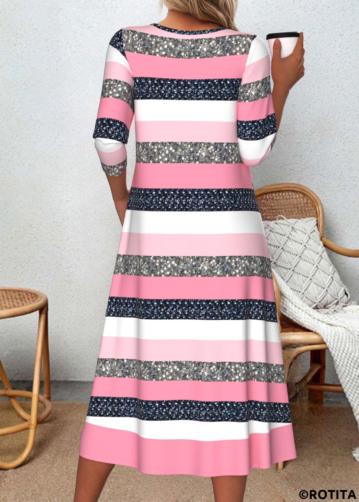 Pink dresses,White dresses,Striped dresses,Geometric dresses,Everyday dresses,Casual dresses,ROTITA Patchwork Striped Pink A Line Scoop Neck Dress