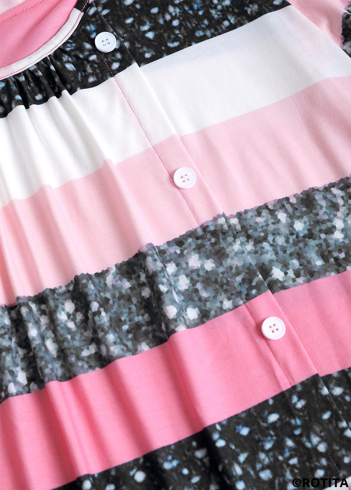 Pink dresses,White dresses,Striped dresses,Geometric dresses,Everyday dresses,Casual dresses,ROTITA Patchwork Striped Pink A Line Scoop Neck Dress