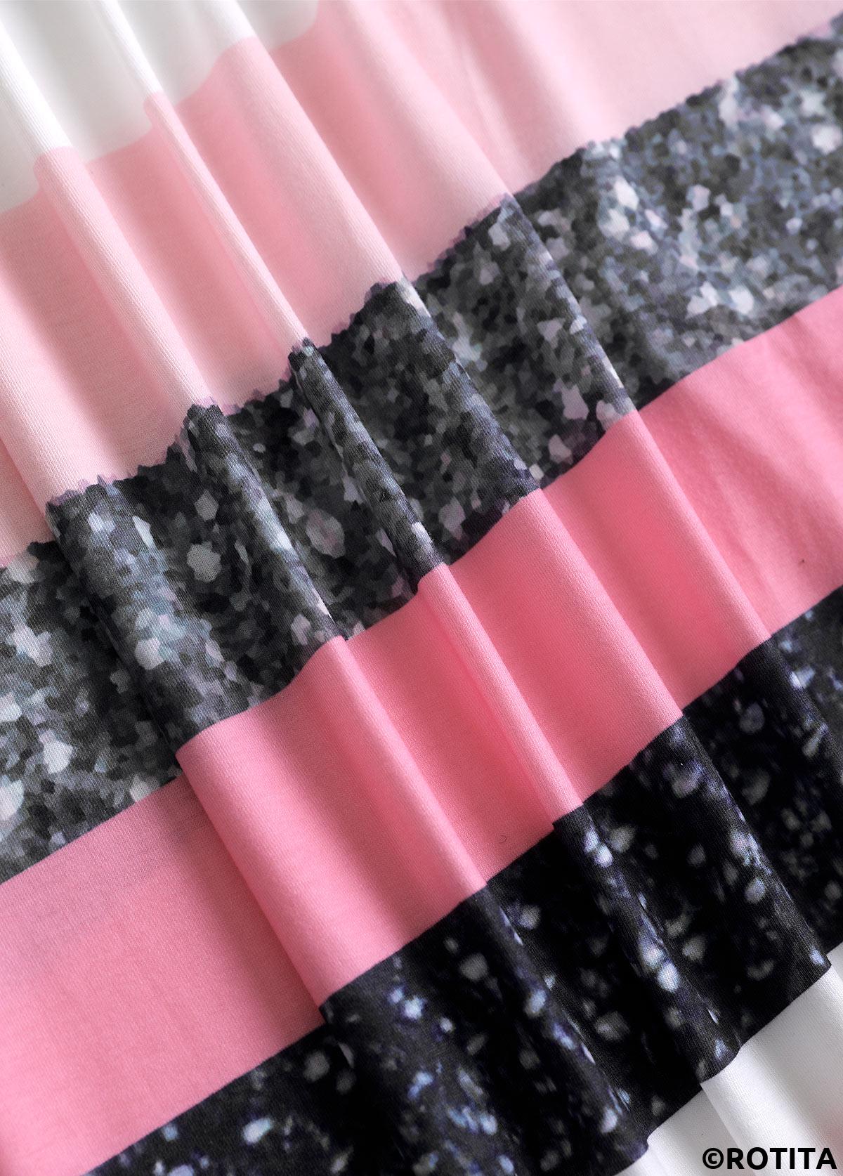 Pink dresses,White dresses,Striped dresses,Geometric dresses,Everyday dresses,Casual dresses,ROTITA Patchwork Striped Pink A Line Scoop Neck Dress