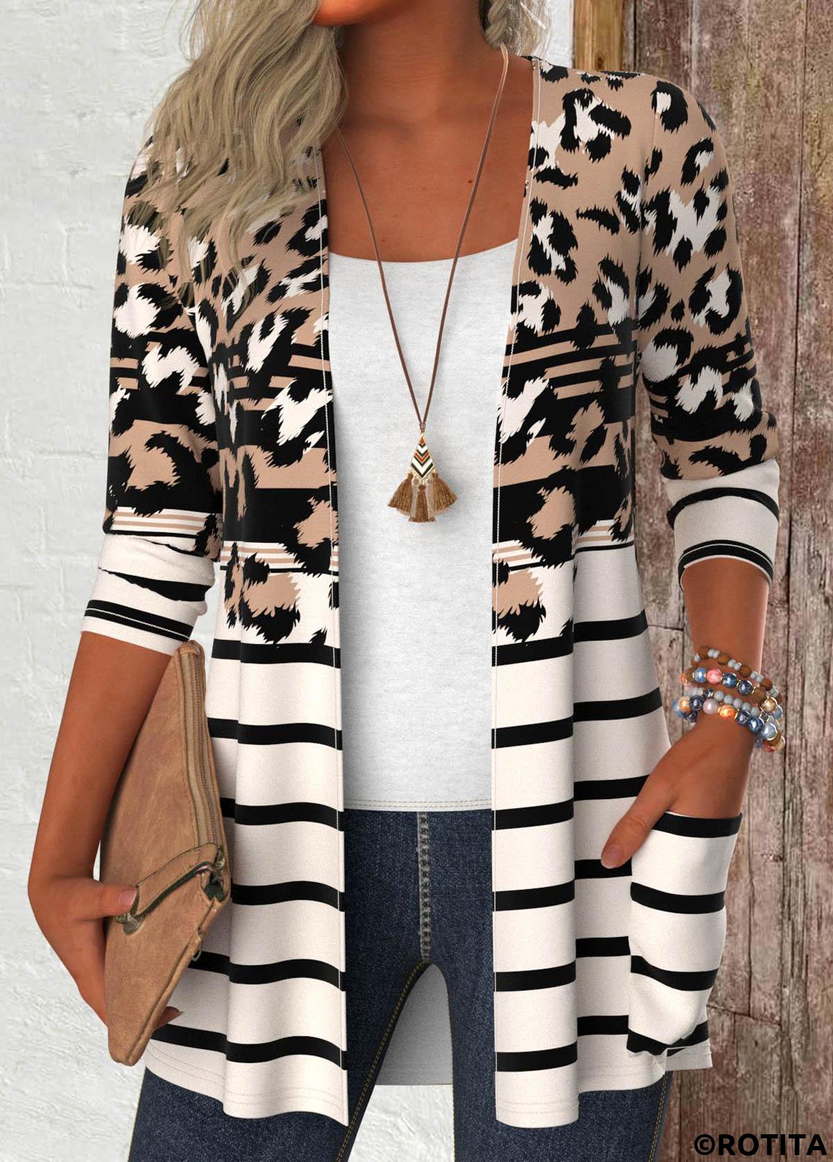 Dark Camel tops,Leopard tops,Striped tops,Geometric tops,ROTITA Leopard Dark Camel Long Sleeve Light Cardigan