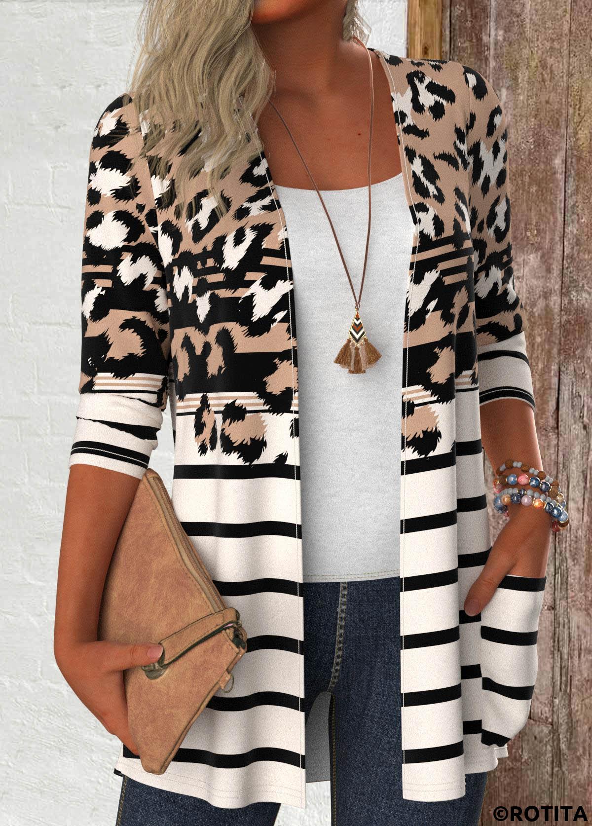 Dark Camel tops,Leopard tops,Striped tops,Geometric tops,ROTITA Leopard Dark Camel Long Sleeve Light Cardigan