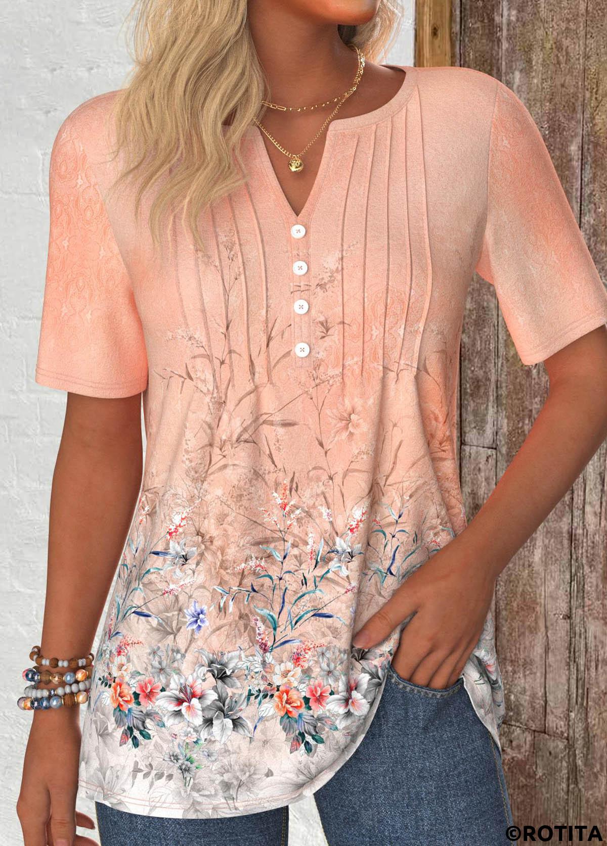 Dusty Pink tops,Floral tops,Plants tops,ROTITA Button Floral Print Dusty Pink Split Neck T Shirt