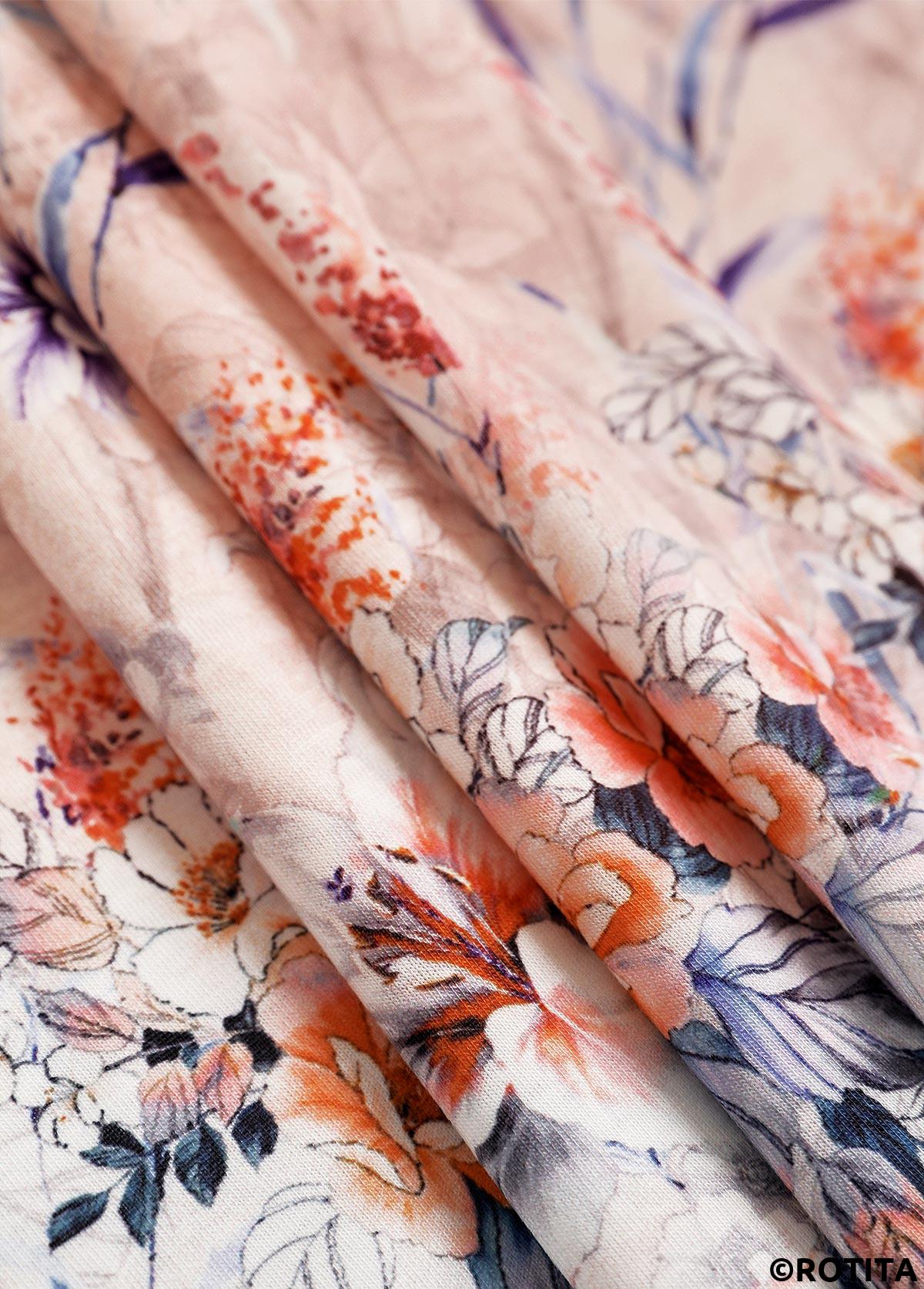 Dusty Pink tops,Floral tops,Plants tops,ROTITA Button Floral Print Dusty Pink Split Neck T Shirt