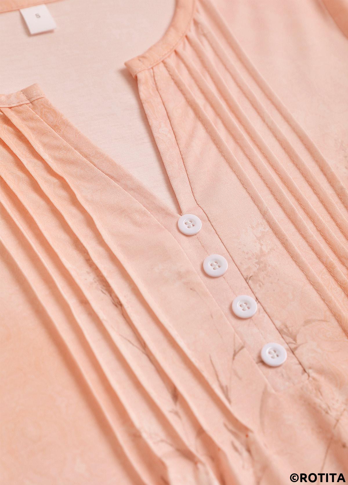 Dusty Pink tops,Floral tops,Plants tops,ROTITA Button Floral Print Dusty Pink Split Neck T Shirt