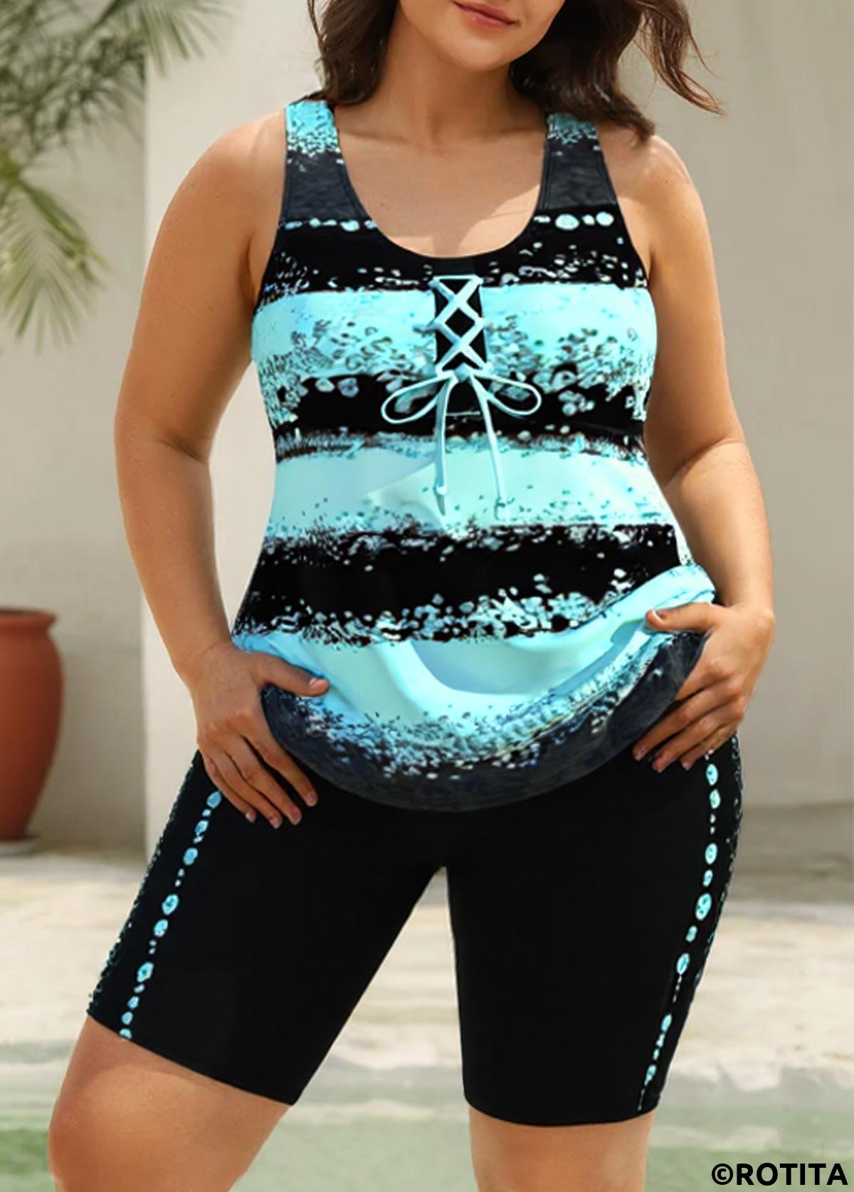 Mint Green swimwear,Black swimwear,Striped swimwear,Geometric swimwear,ROTITA Lace Up Mint Green Striped Tankini Set