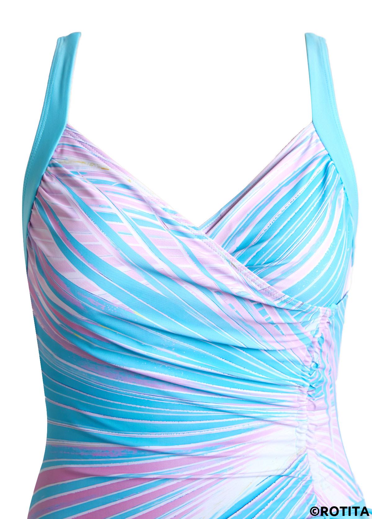 Cyan swimwear,Plants swimwear,Striped swimwear,Geometric swimwear,Ombre swimwear,ROTITA Drawstring Cyan Tropical Plants Print One Piece Swimwear