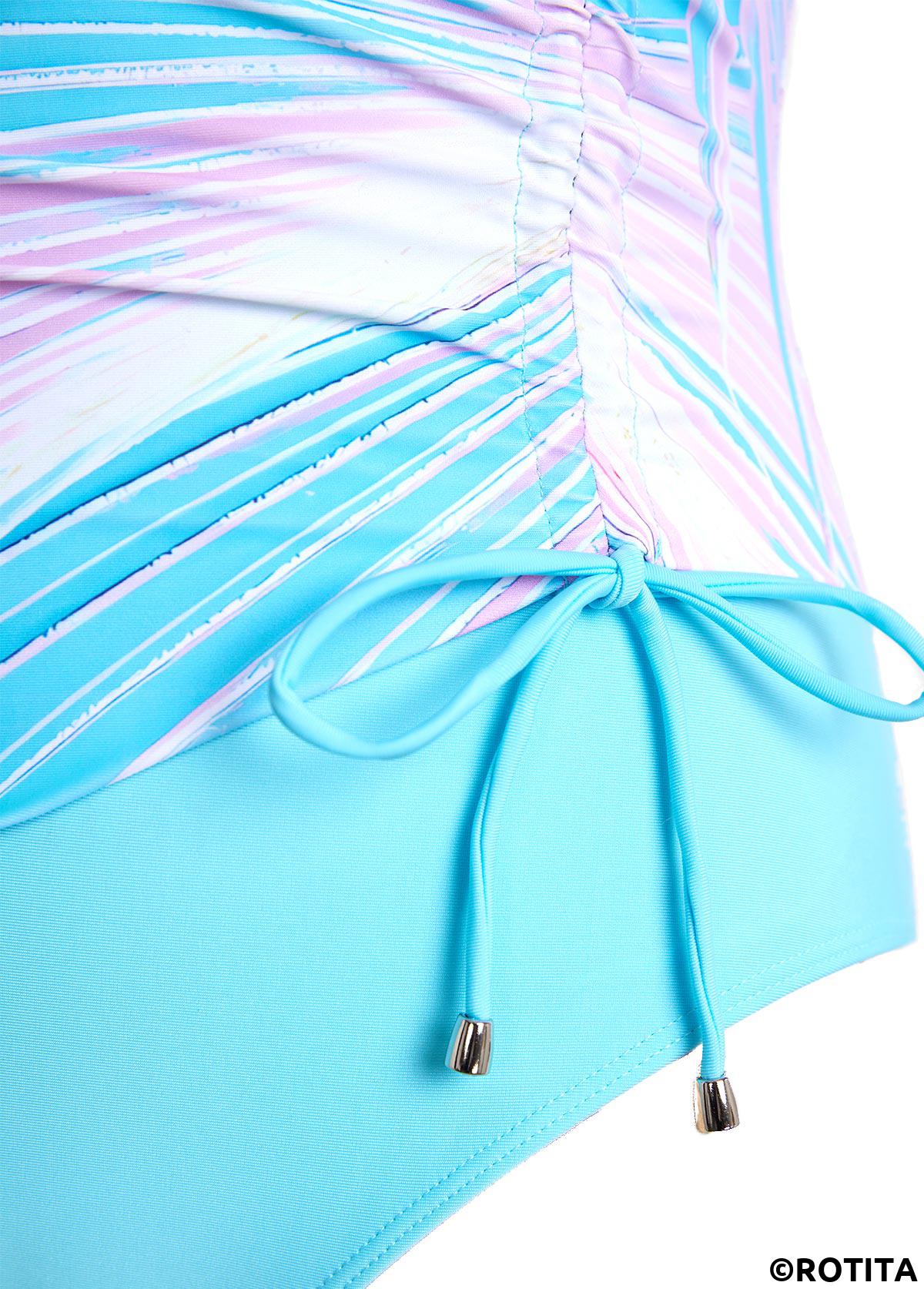 Cyan swimwear,Plants swimwear,Striped swimwear,Geometric swimwear,Ombre swimwear,ROTITA Drawstring Cyan Tropical Plants Print One Piece Swimwear